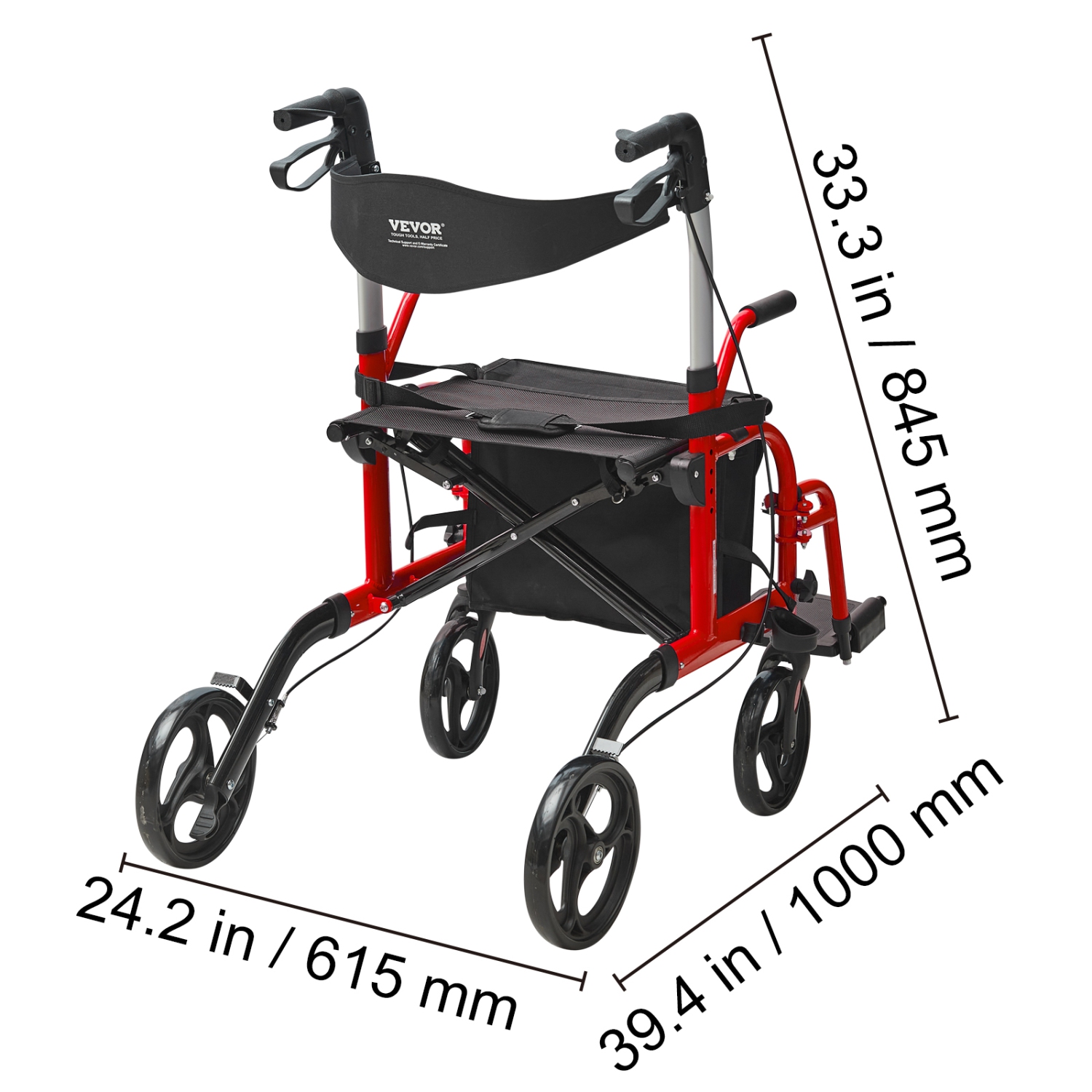 Marchette et chaise de transport 2 en 1 VEVOR pour aînés, ensemble fauteuil roulant roulant roulant et repose-pieds pliants, marchette de mobilité en