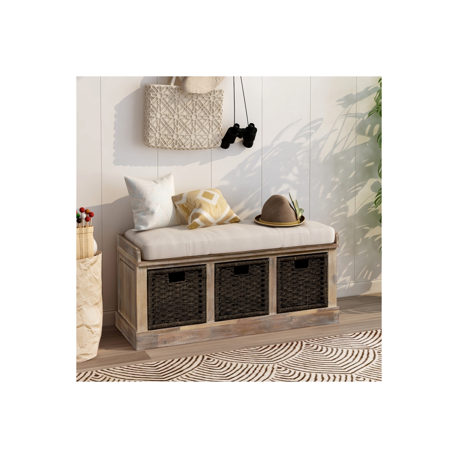 YOULIGHTS – Banc de rangement rustique avec 3 panier amovible, banc de rangement pour chaussures avec coussin amovible pour salon, entrée, couloir