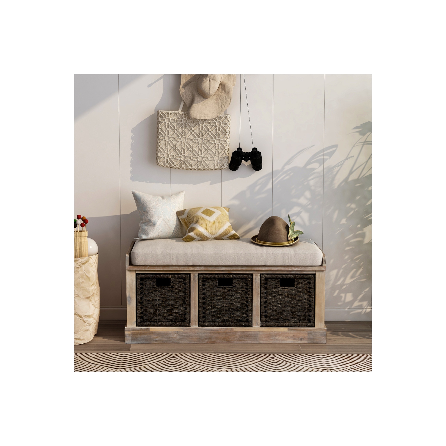 YOULIGHTS – Banc de rangement rustique avec 3 panier amovible, banc de rangement pour chaussures avec coussin amovible pour salon, entrée, couloir