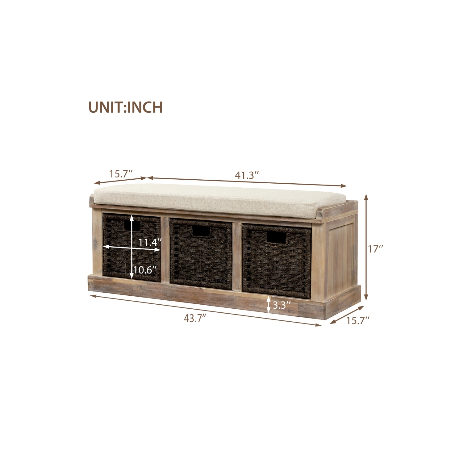 YOULIGHTS – Banc de rangement rustique avec 3 panier amovible, banc de rangement pour chaussures avec coussin amovible pour salon, entrée, couloir