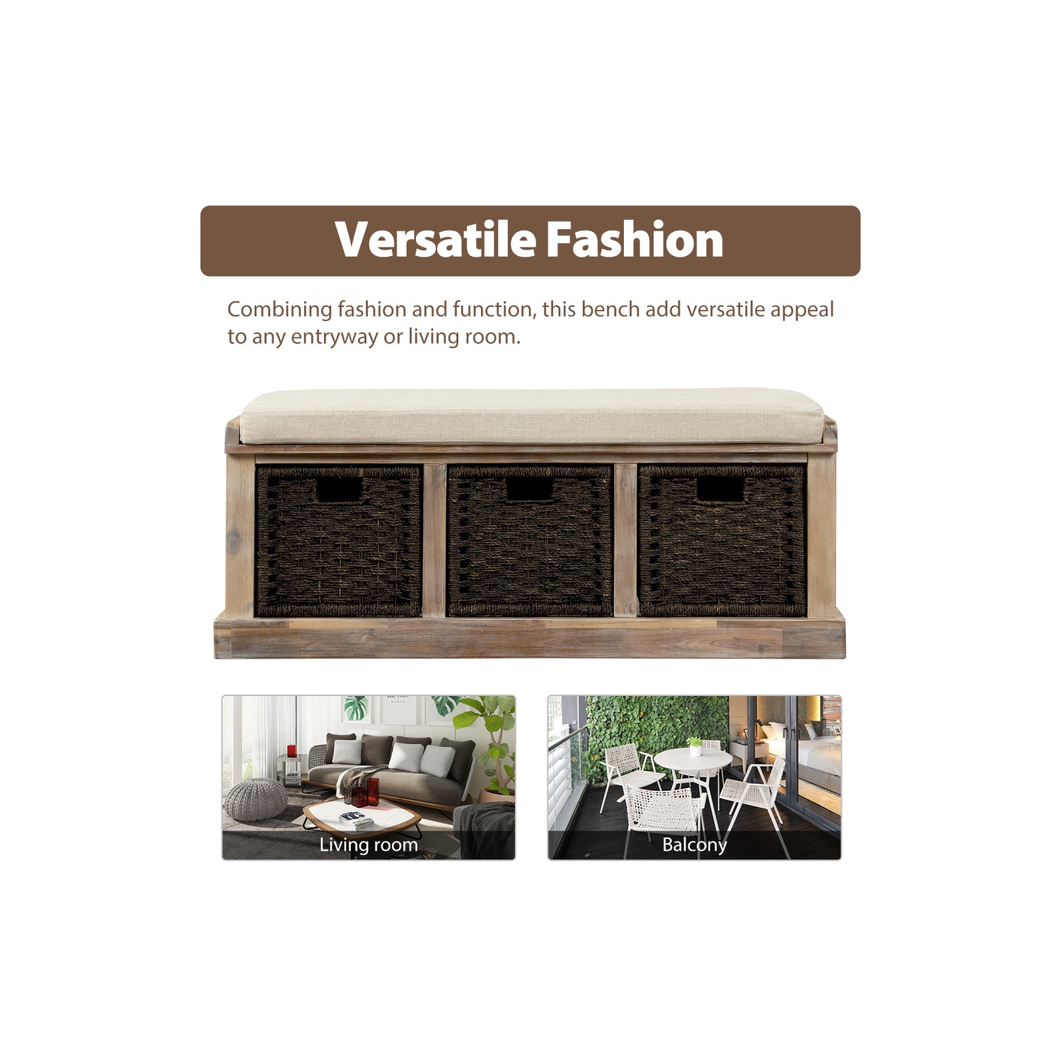 YOULIGHTS – Banc de rangement rustique avec 3 panier amovible, banc de rangement pour chaussures avec coussin amovible pour salon, entrée, couloir