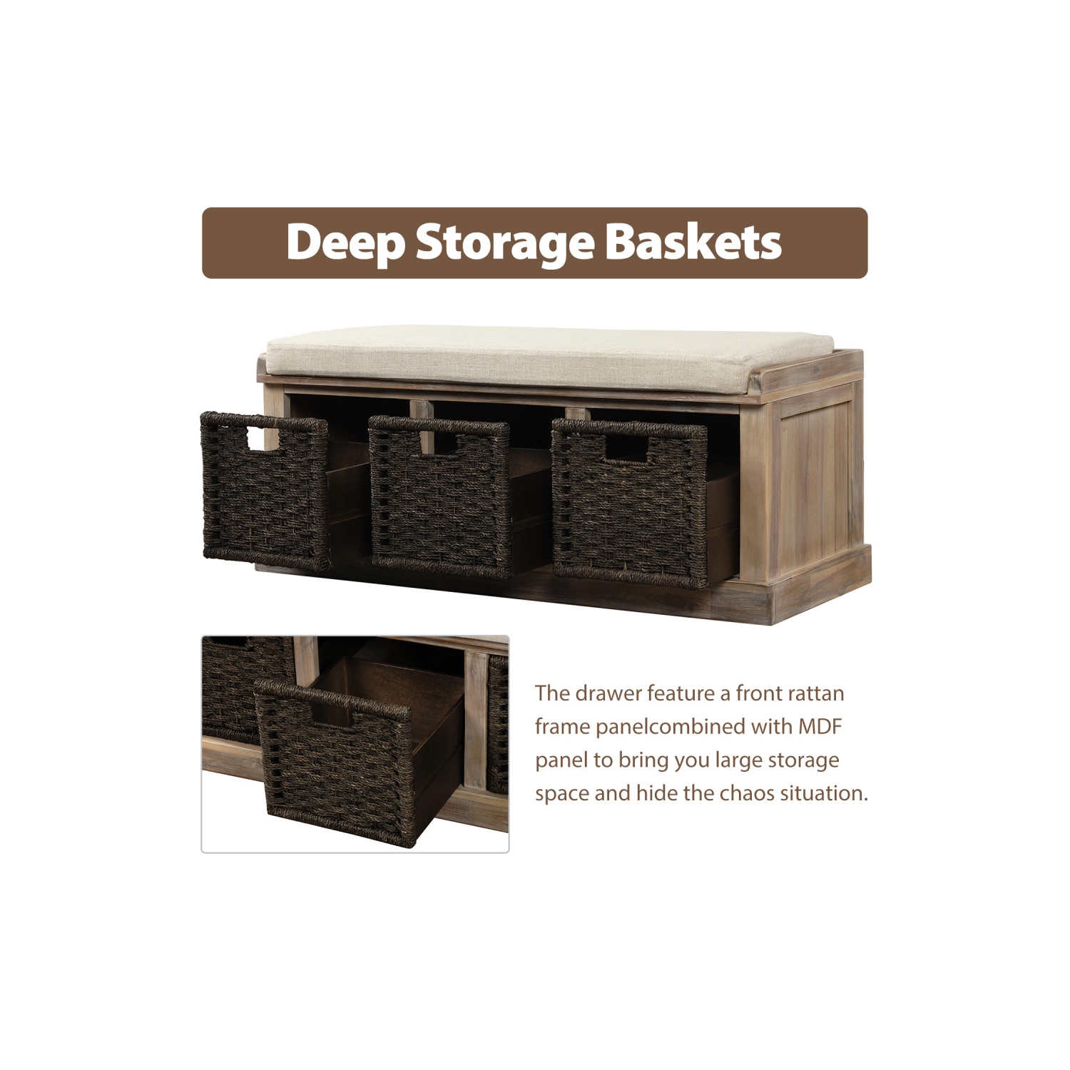 YOULIGHTS – Banc de rangement rustique avec 3 panier amovible, banc de rangement pour chaussures avec coussin amovible pour salon, entrée, couloir