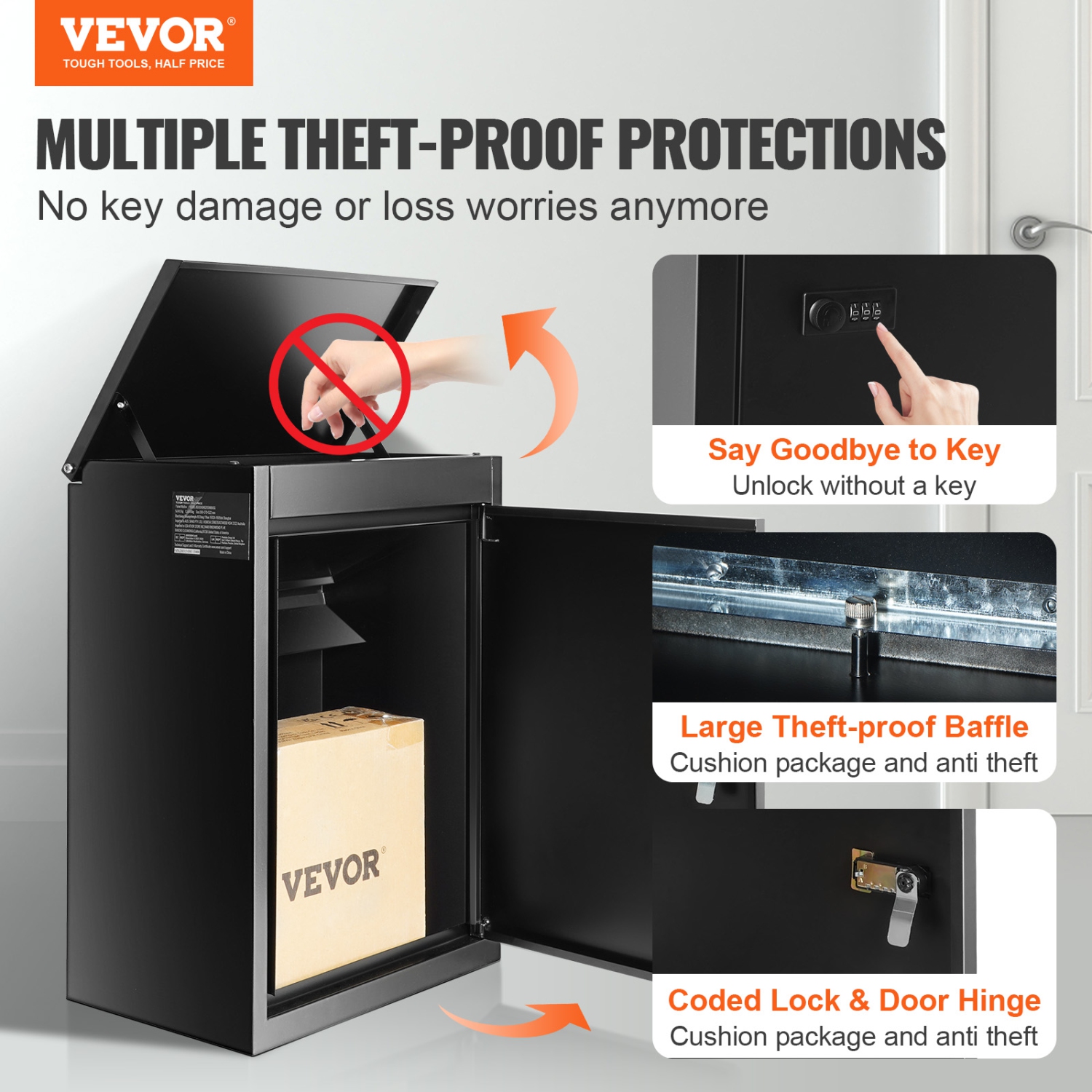 VEVOR 15.4" x 10.6" x 20.5" Package Delivery Boxes for Outside, Galvanized Steel Wall Mount Mailbox with Coded Lock, Anti-Theft Baffle, IPX3