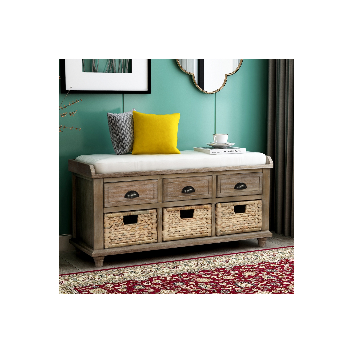 YOULIGHTS Storage Bench with 3 Drawers, 3 Rattan Baskets and Removable Cushion for Entryway, Shoe Bench End of Bed Bench 3-Cube Storage Bench, Home