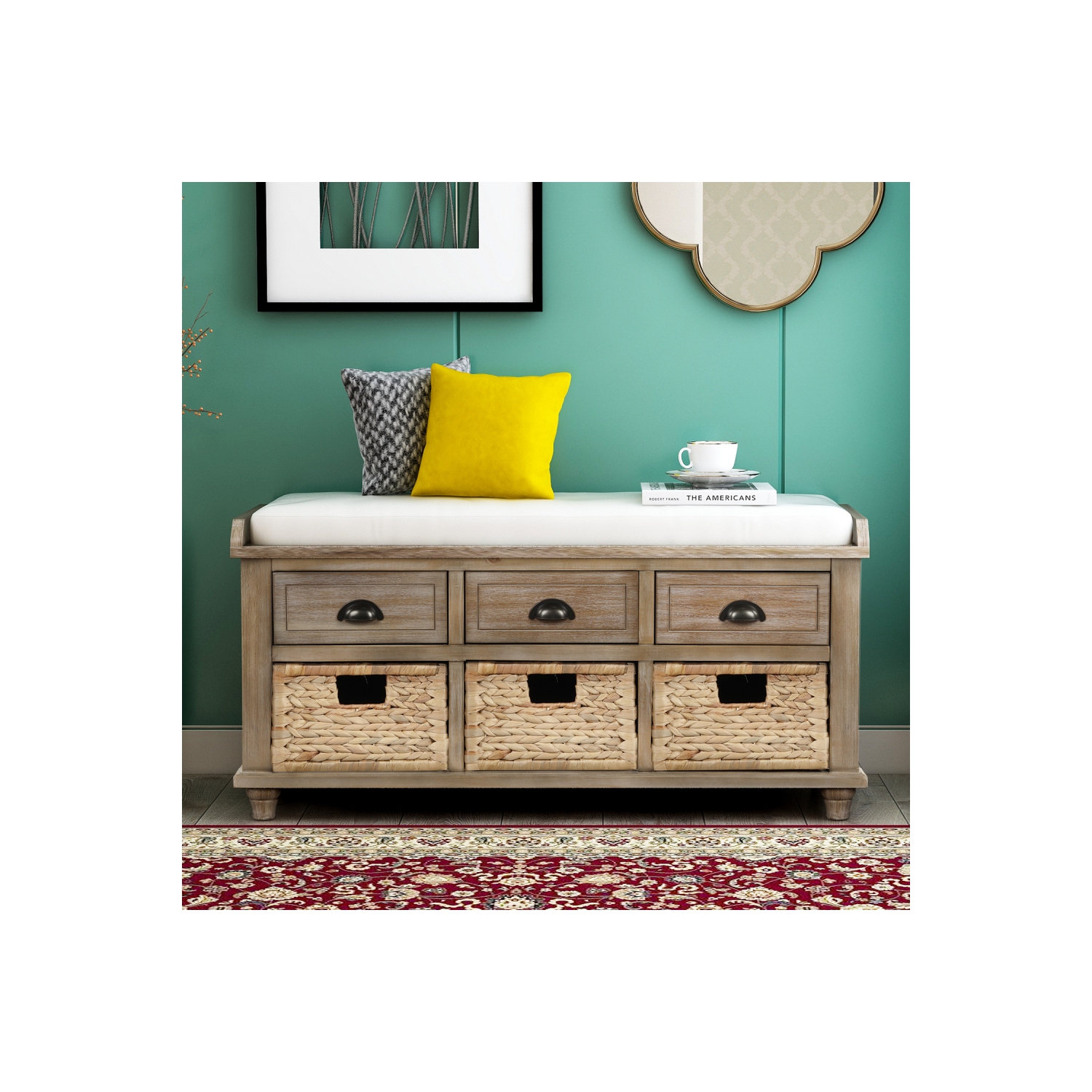 YOULIGHTS Storage Bench with 3 Drawers, 3 Rattan Baskets and Removable Cushion for Entryway, Shoe Bench End of Bed Bench 3-Cube Storage Bench, Home