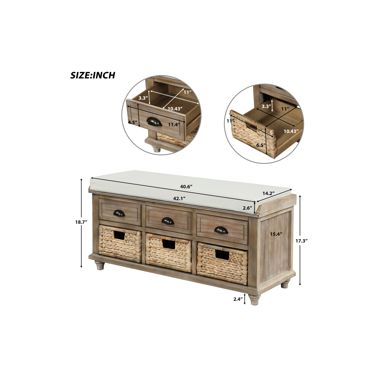 YOULIGHTS Storage Bench with 3 Drawers, 3 Rattan Baskets and Removable Cushion for Entryway, Shoe Bench End of Bed Bench 3-Cube Storage Bench, Home