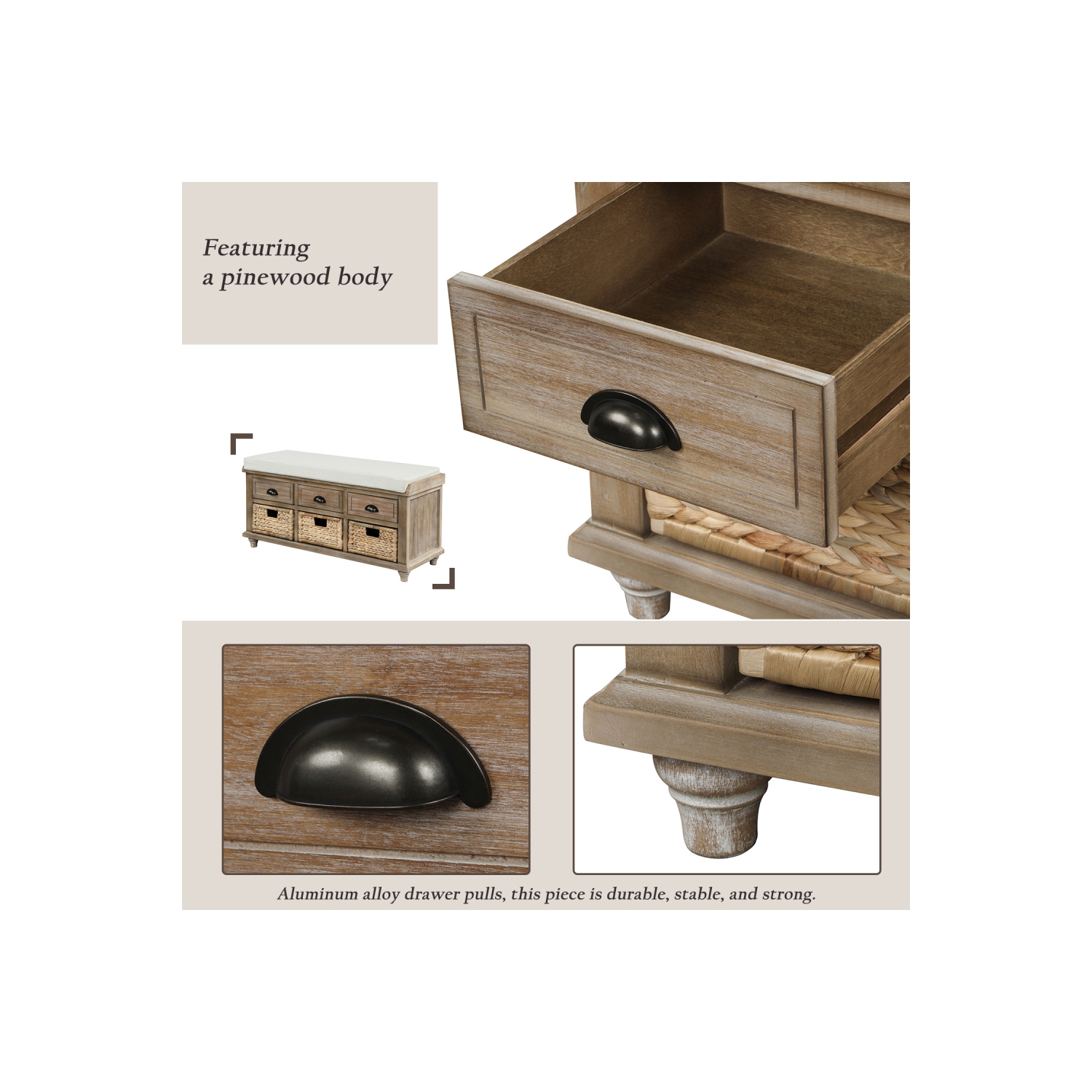 YOULIGHTS Storage Bench with 3 Drawers, 3 Rattan Baskets and Removable Cushion for Entryway, Shoe Bench End of Bed Bench 3-Cube Storage Bench, Home