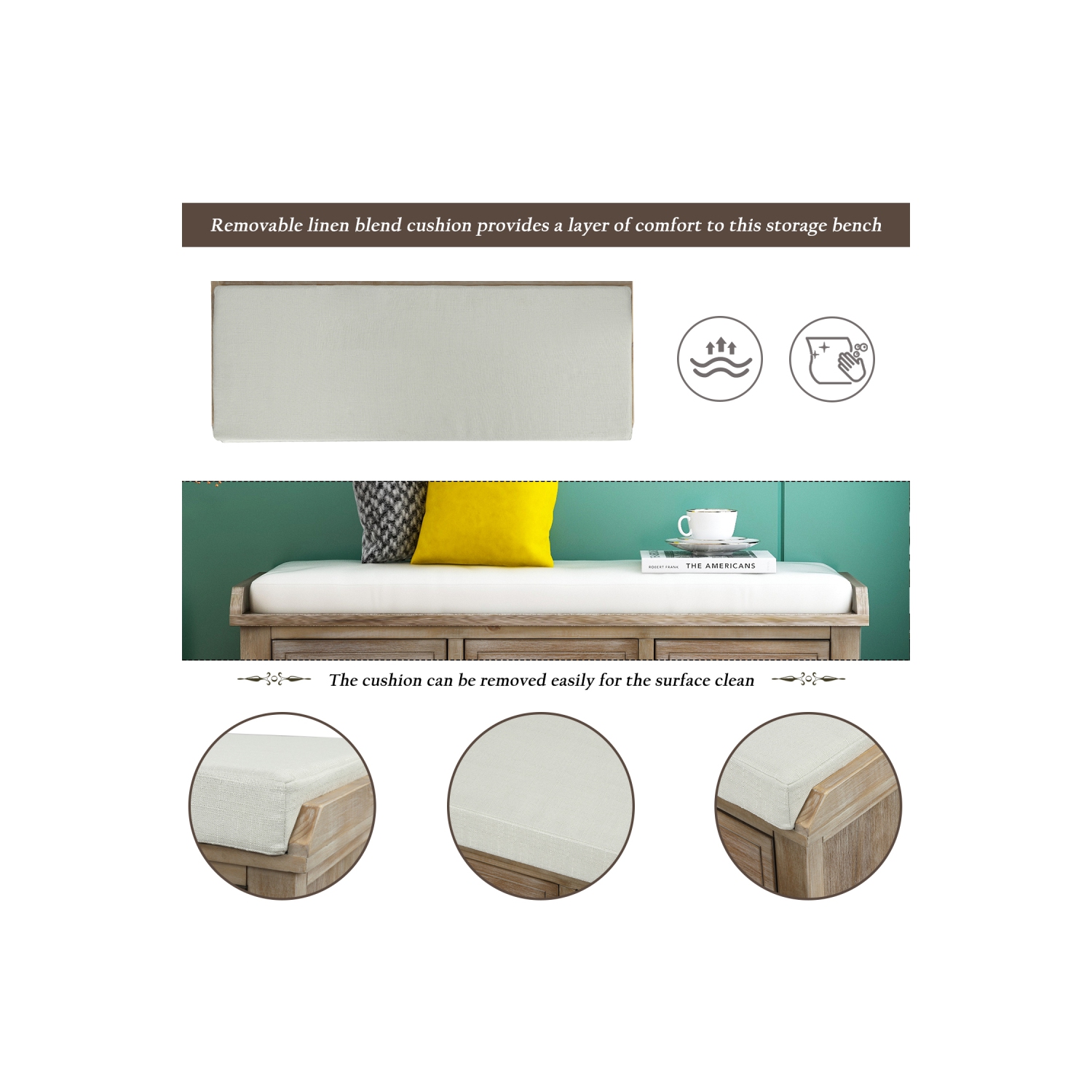 YOULIGHTS Storage Bench with 3 Drawers, 3 Rattan Baskets and Removable Cushion for Entryway, Shoe Bench End of Bed Bench 3-Cube Storage Bench, Home