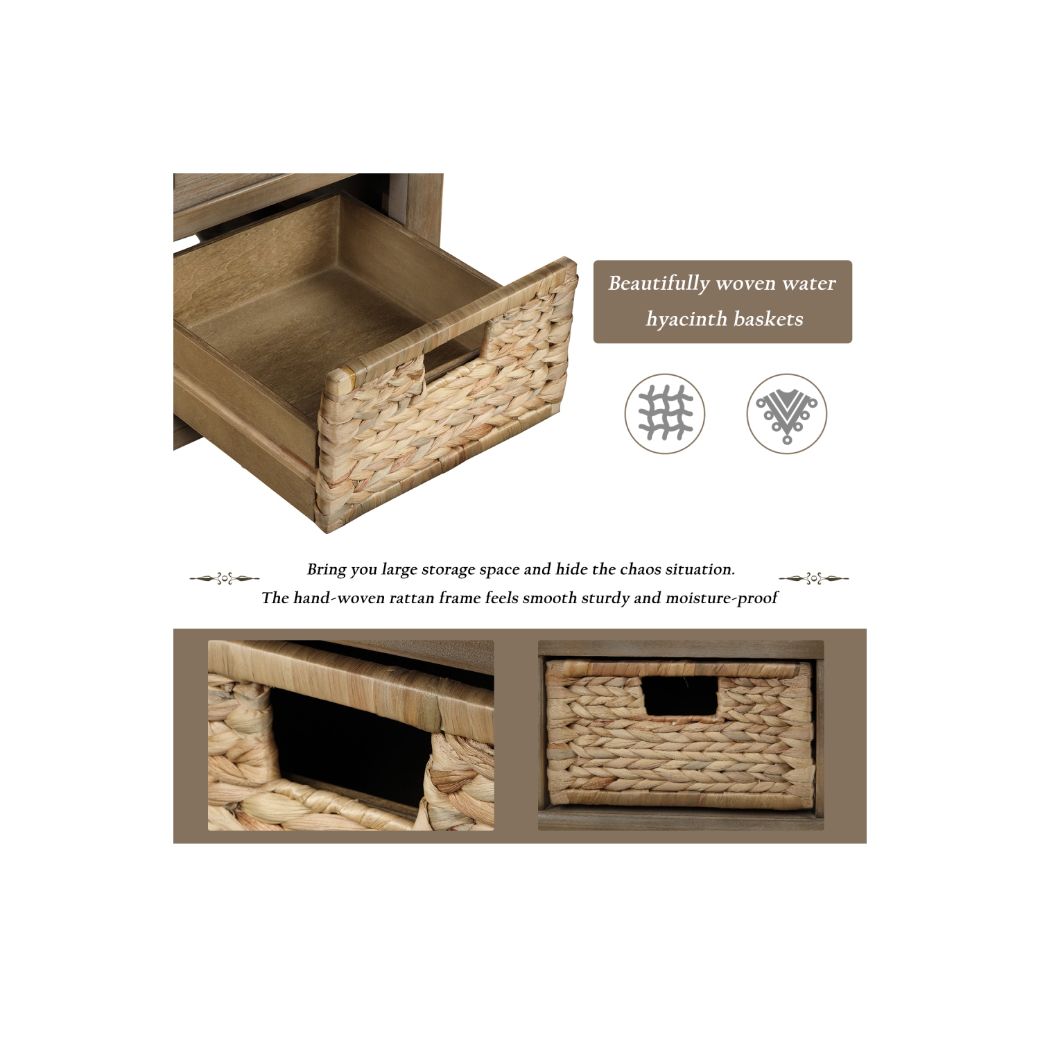 YOULIGHTS Storage Bench with 3 Drawers, 3 Rattan Baskets and Removable Cushion for Entryway, Shoe Bench End of Bed Bench 3-Cube Storage Bench, Home