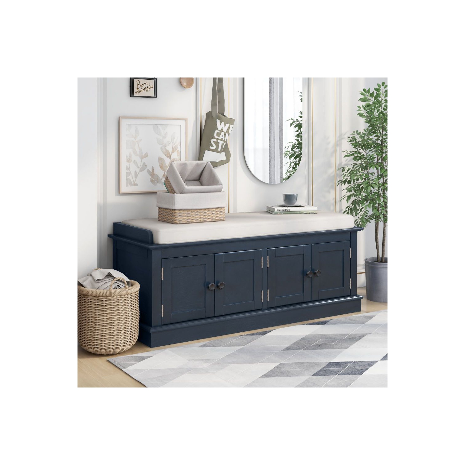 YOULIGHTS Storage Bench for Entryway,Wood Storage Benches with Adjustable Shelves,Shoe Bench with Storage and Removable Cushion for Entryway,Antique