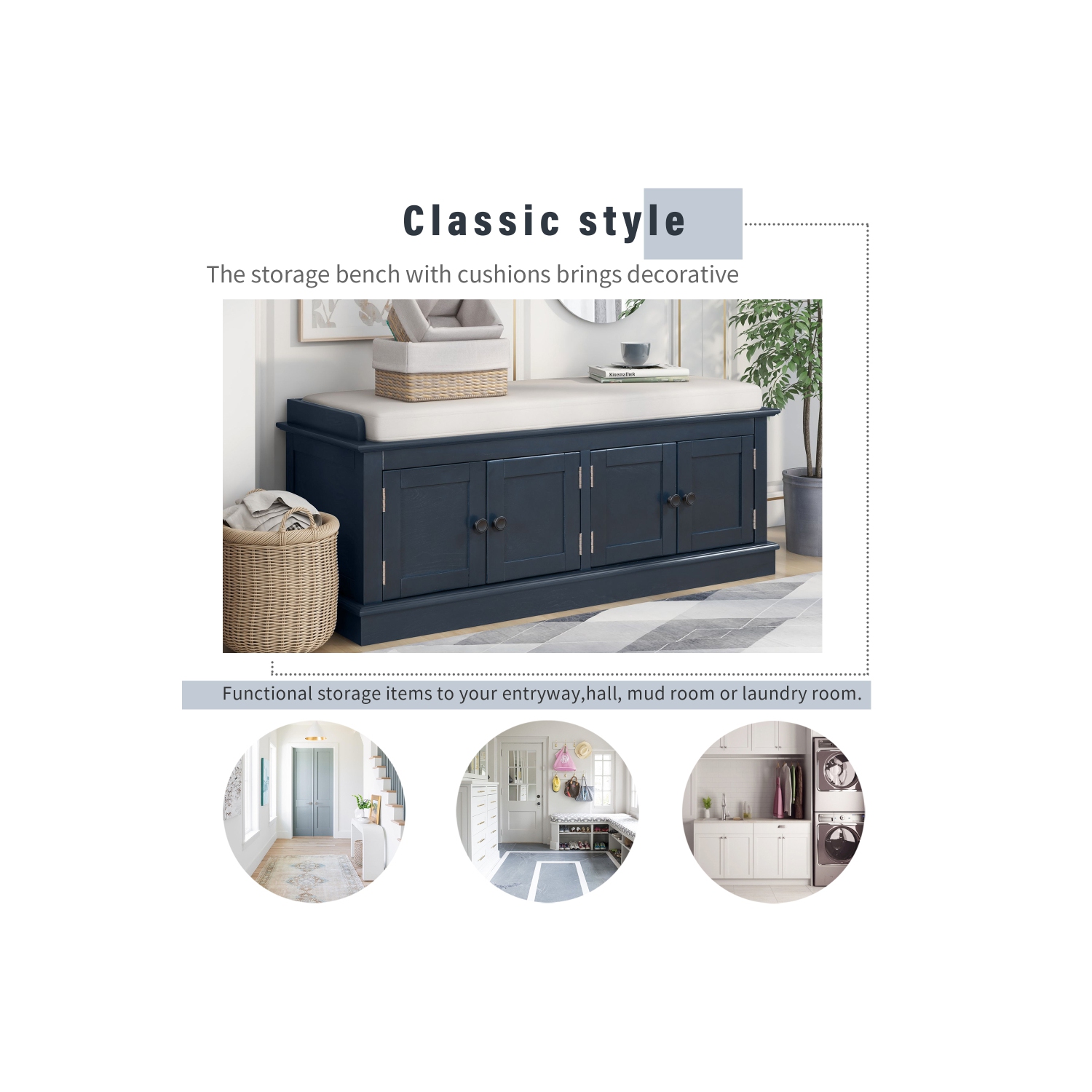 YOULIGHTS Storage Bench for Entryway,Wood Storage Benches with Adjustable Shelves,Shoe Bench with Storage and Removable Cushion for Entryway,Antique