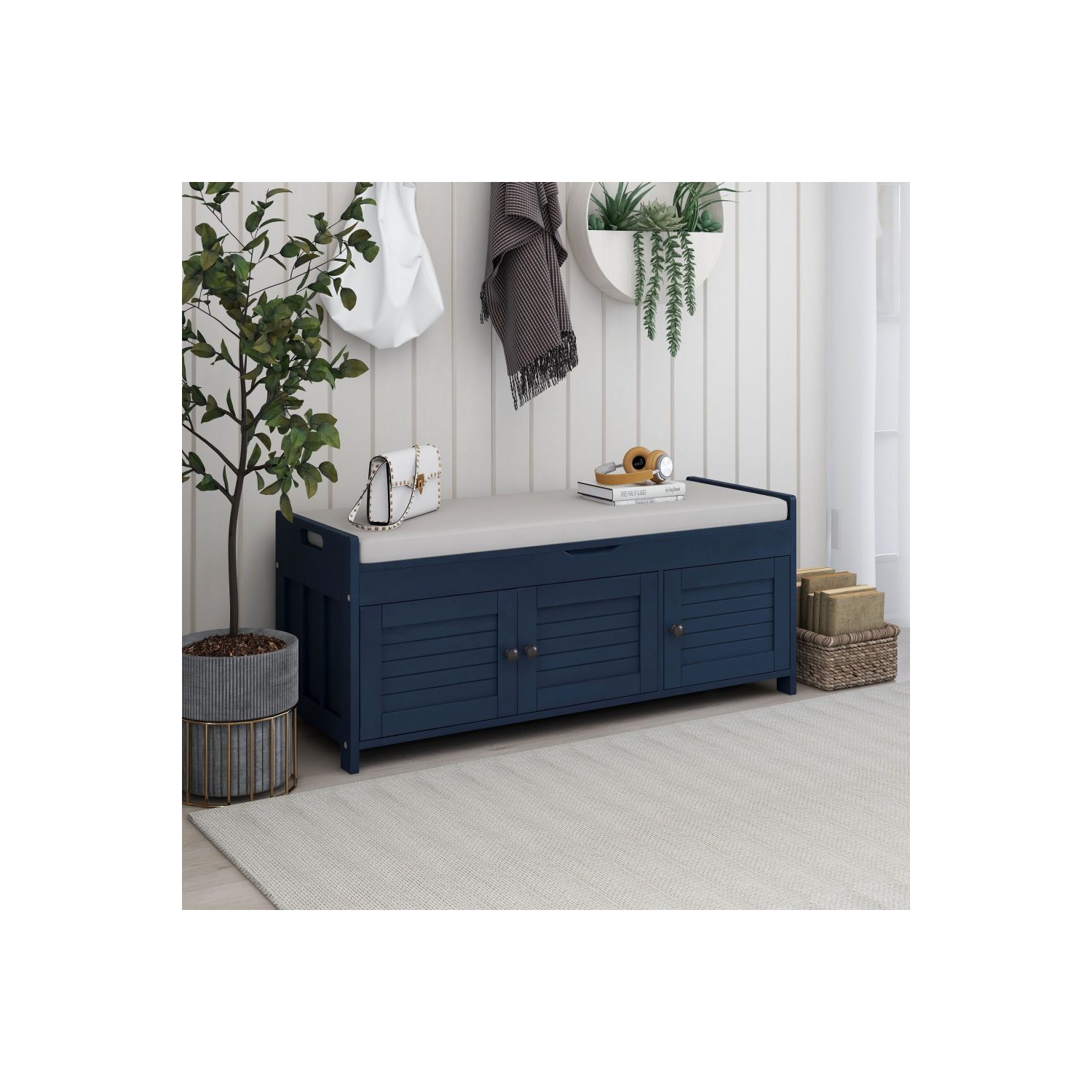 YOULIGHTS Upholstered Storage Bench, Entryway Shoe Bench with Removable Cushion and Storage, Wooden Ottoman with 3 Shutter-Shaped Doors for Entryway,