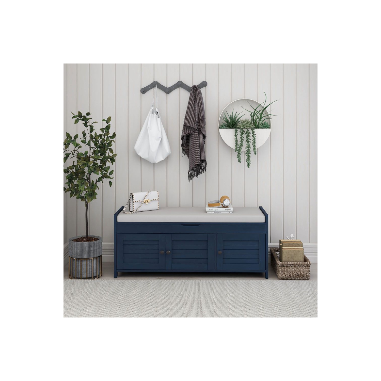 YOULIGHTS Upholstered Storage Bench, Entryway Shoe Bench with Removable Cushion and Storage, Wooden Ottoman with 3 Shutter-Shaped Doors for Entryway,