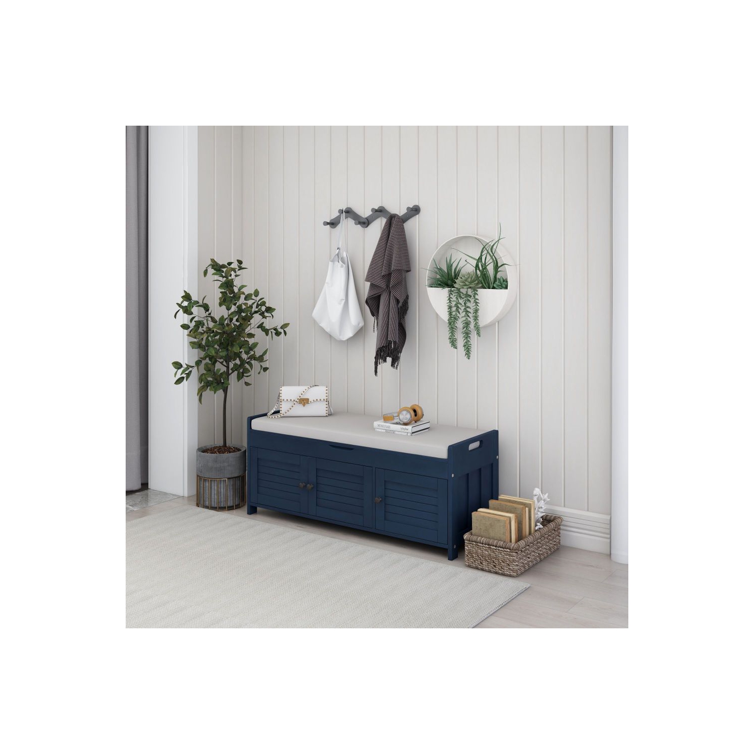 YOULIGHTS Upholstered Storage Bench, Entryway Shoe Bench with Removable Cushion and Storage, Wooden Ottoman with 3 Shutter-Shaped Doors for Entryway,