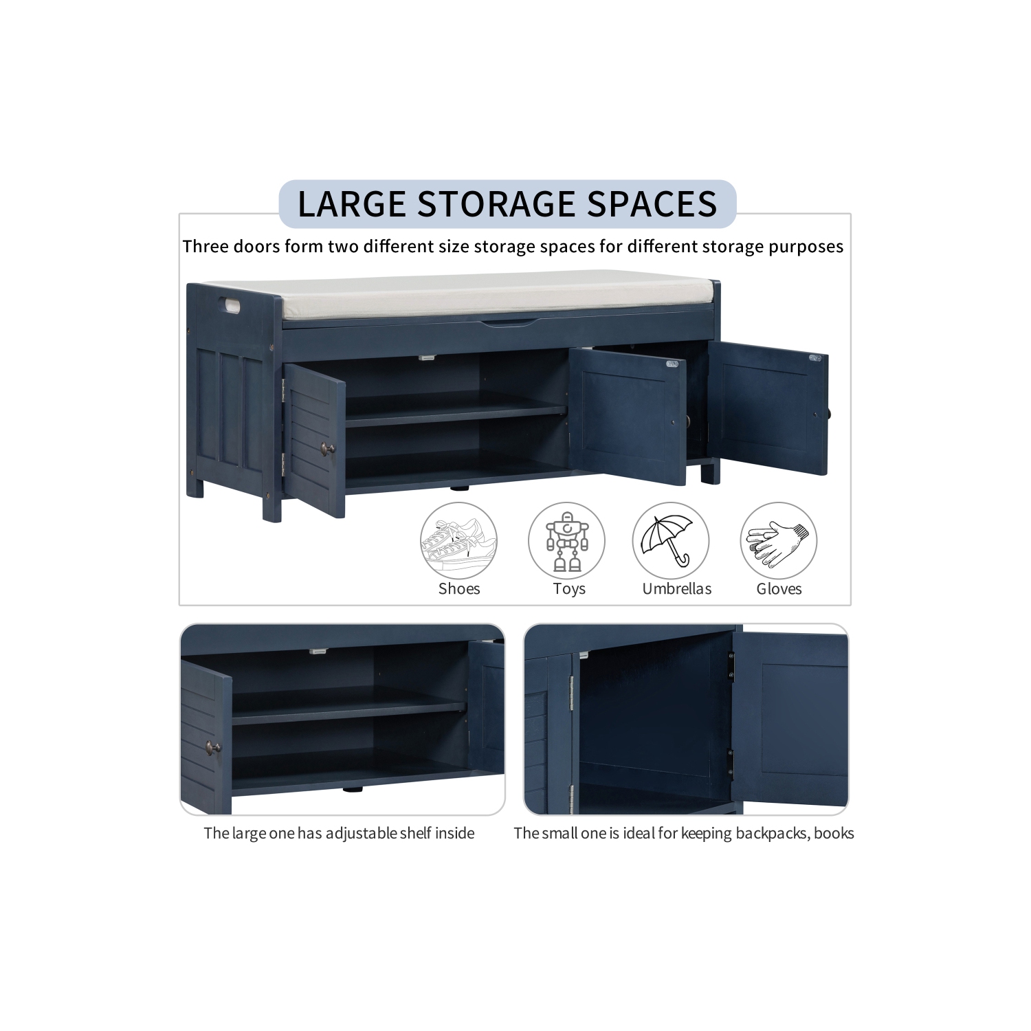 YOULIGHTS Upholstered Storage Bench, Entryway Shoe Bench with Removable Cushion and Storage, Wooden Ottoman with 3 Shutter-Shaped Doors for Entryway,