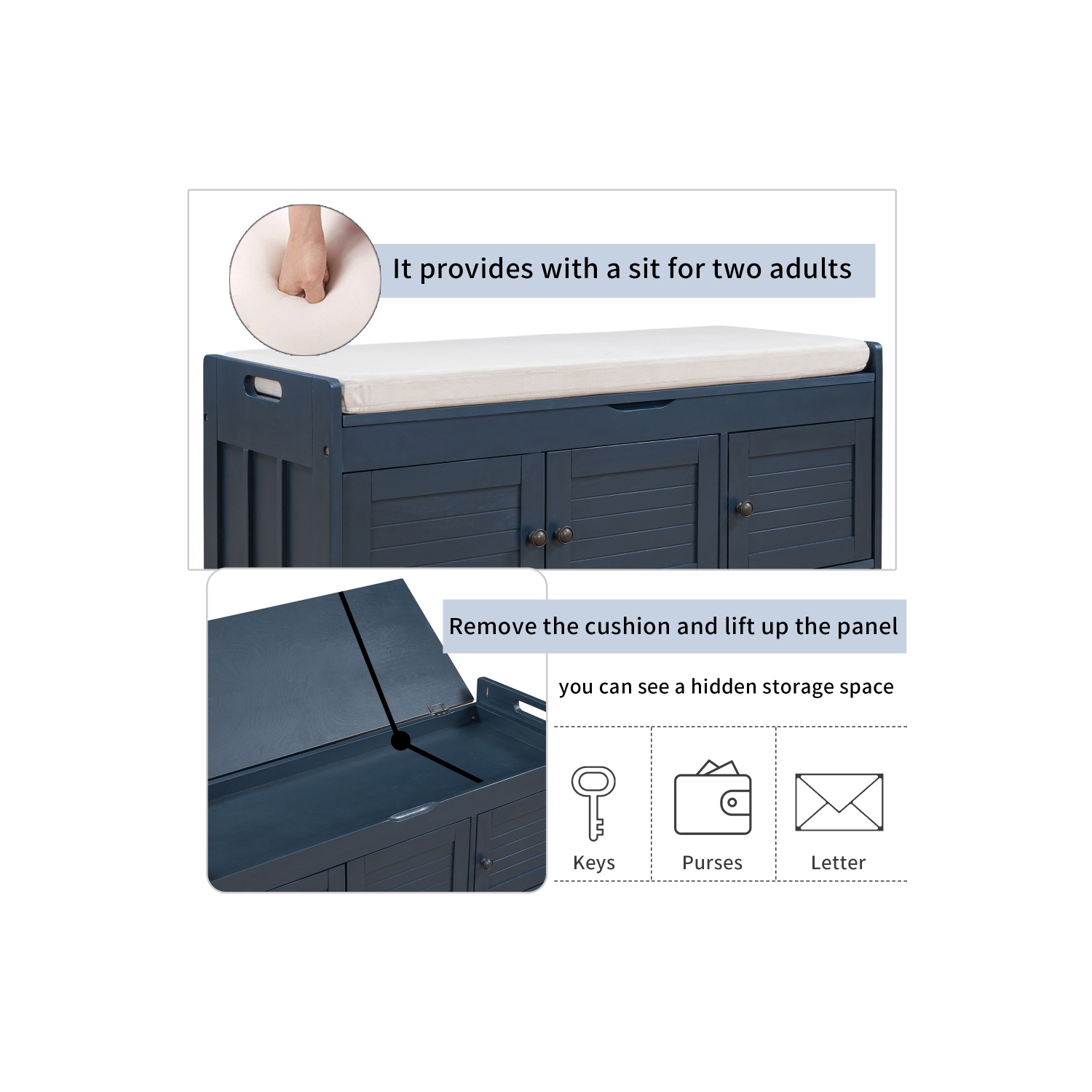 YOULIGHTS Upholstered Storage Bench, Entryway Shoe Bench with Removable Cushion and Storage, Wooden Ottoman with 3 Shutter-Shaped Doors for Entryway,