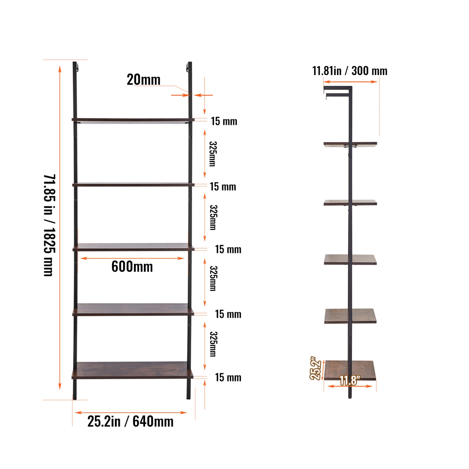 Étagère en échelle VEVOR à 5 niveaux, étagère à 24 tablettes 11,8&nbsp;po, étagère murale ouverte en échelle avec cadre en métal, support de