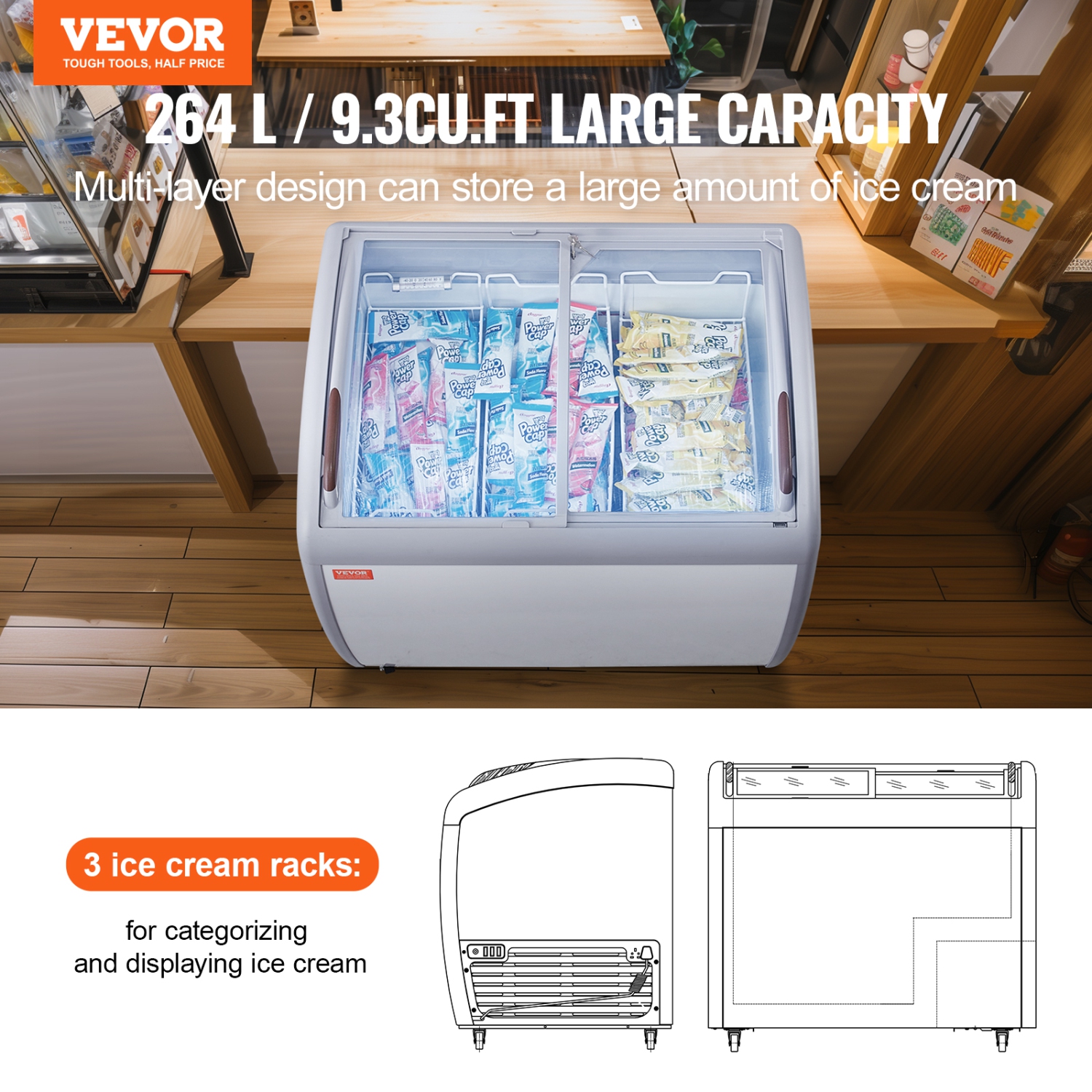 VEVOR 9.3 Cu.ft Commercial Ice Cream Display Case, Chest Freezer, Mobile Glass Top Deep Freezer, Restaurant Gelato Dipping Cabinet with 3 Wire