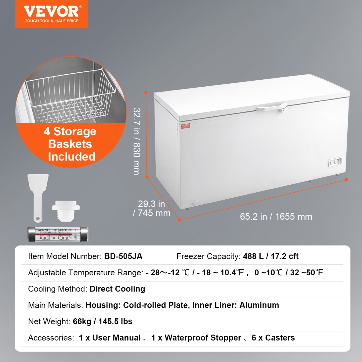 VEVOR 17.2 cu.ft / 488 L Chest Freezer, Large Deep Freezer & 4 Removable Baskets,Freestanding Top Open Door Commercial Chest Freezers,7-Level