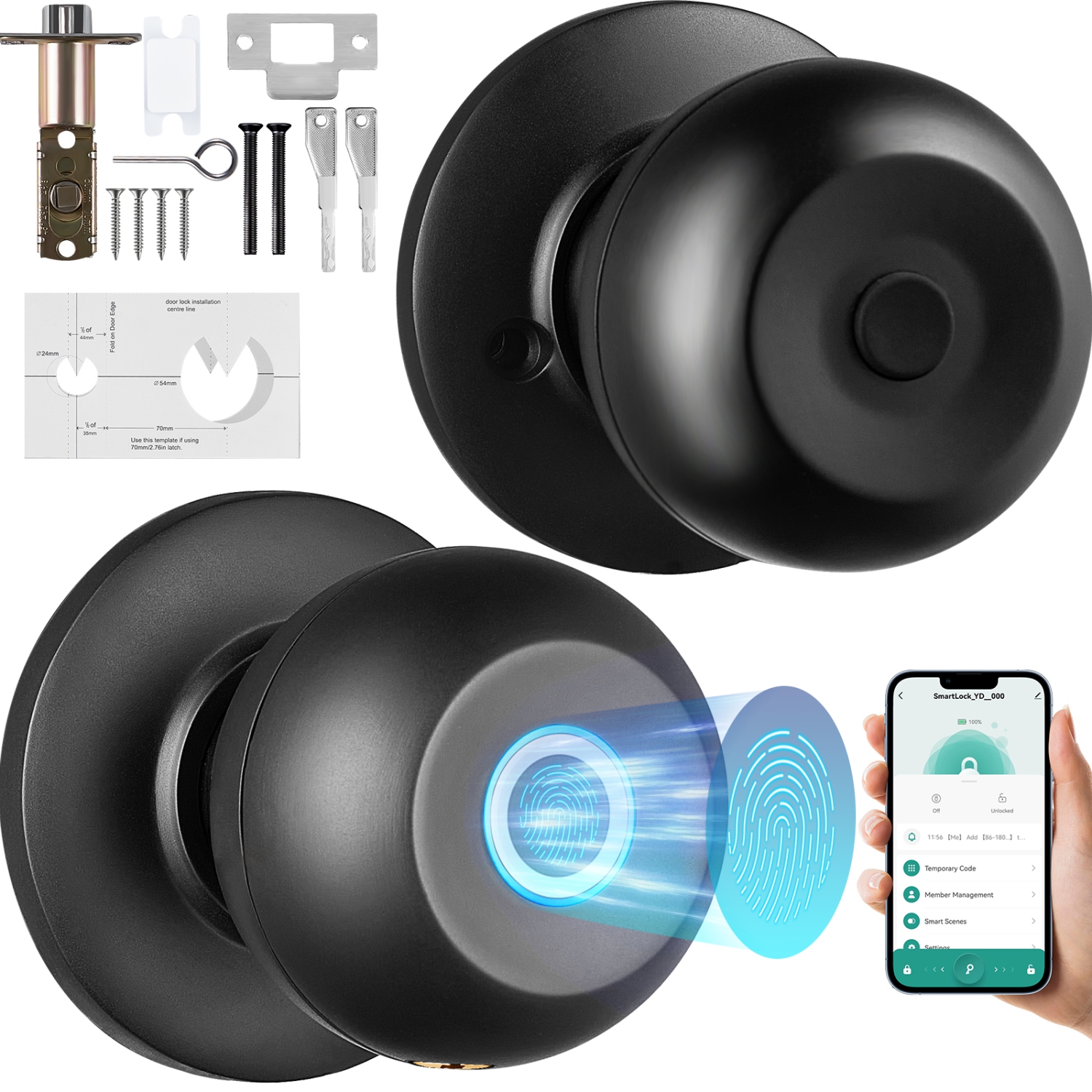 VEVOR Smart Door Knob, Biometric Lock Bluetooth Lock,Fingerprint Lock with APP Control, Easy Installation Door Lock, for Home Bedrooms,