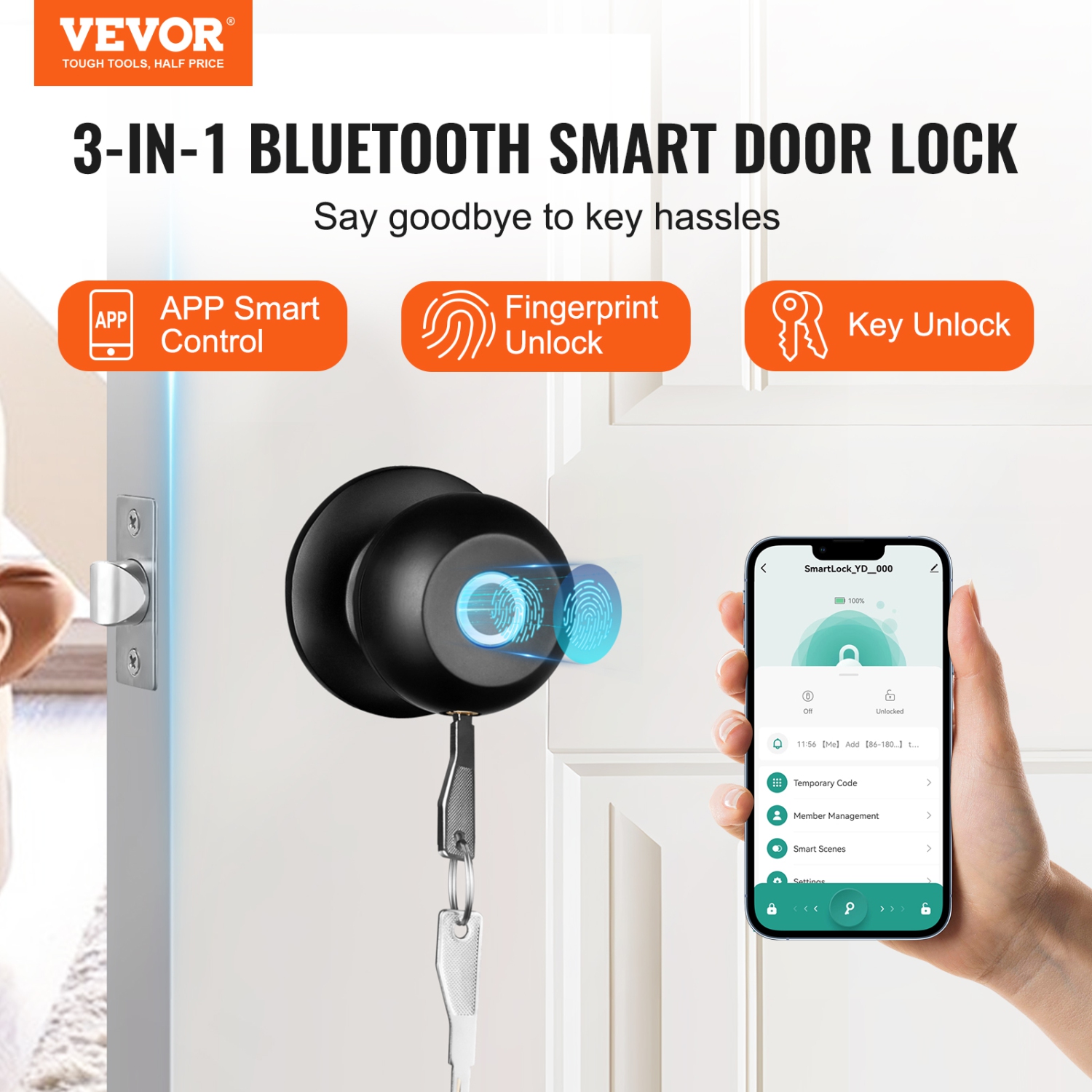 VEVOR Smart Door Knob, Biometric Lock Bluetooth Lock,Fingerprint Lock with APP Control, Easy Installation Door Lock, for Home Bedrooms,