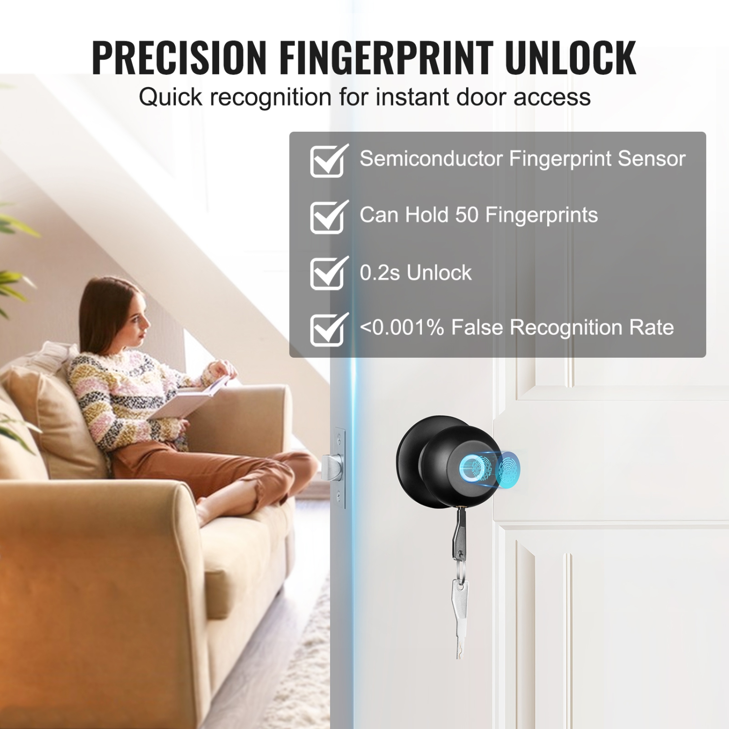 VEVOR Smart Door Knob, Biometric Lock Bluetooth Lock,Fingerprint Lock with APP Control, Easy Installation Door Lock, for Home Bedrooms,