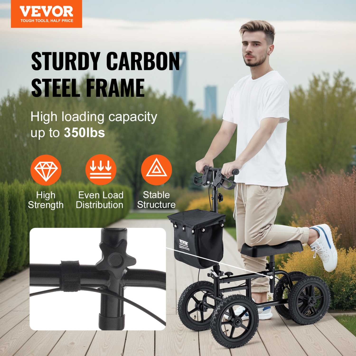 VEVOR 350LBS Knee Scooter,Carbon Steel Knee Walker with Height-Adjustable Handlebar & Knee Pad, 12" All-Terrain Wheel,Dual Brakes, Leg Recovery
