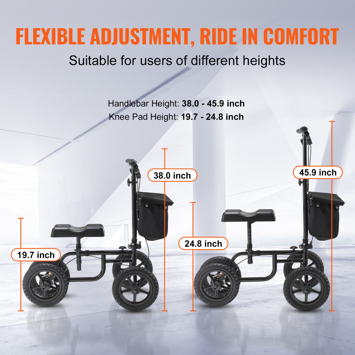VEVOR 350LBS Knee Scooter,Carbon Steel Knee Walker with Height-Adjustable Handlebar & Knee Pad, 12" All-Terrain Wheel,Dual Brakes, Leg Recovery