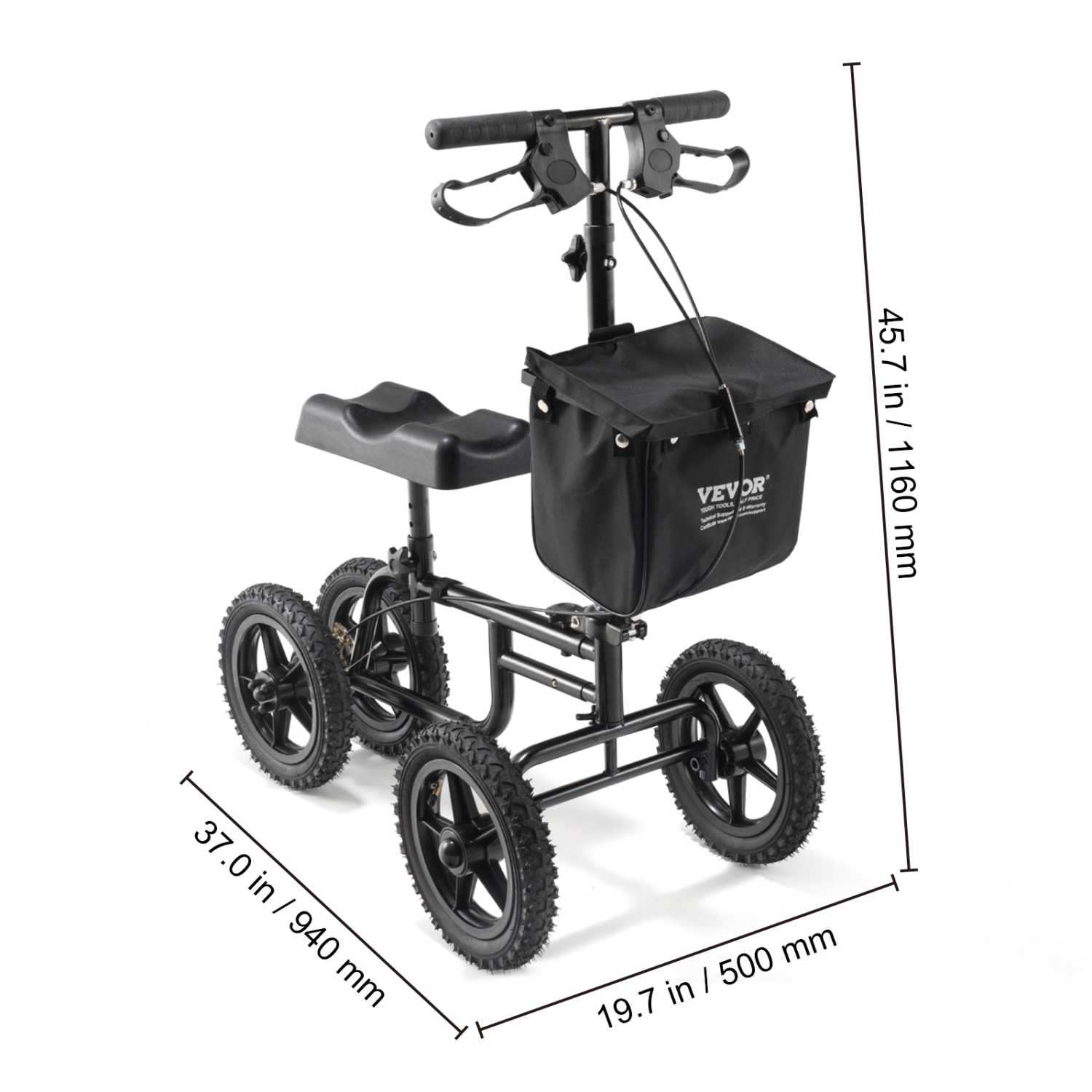 VEVOR 350LBS Knee Scooter,Carbon Steel Knee Walker with Height-Adjustable Handlebar & Knee Pad, 12" All-Terrain Wheel,Dual Brakes, Leg Recovery
