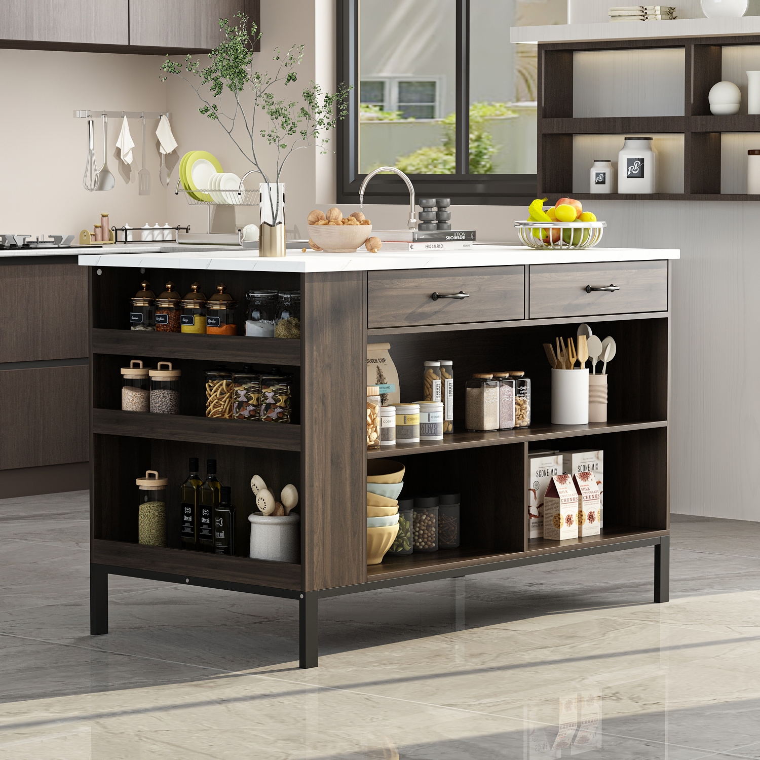 Famapy Brown Composite Kitchen Island with MDF Base and Storage, 2 Drawers & Open Shelf, Dark Brown