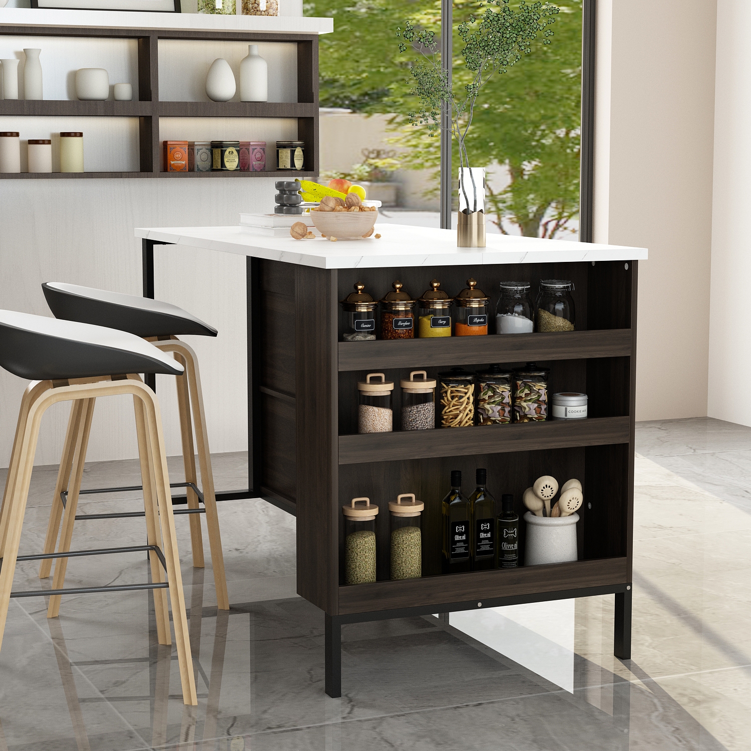 Famapy Brown Composite Kitchen Island with MDF Base and Storage, 2 Drawers & Open Shelf, Dark Brown