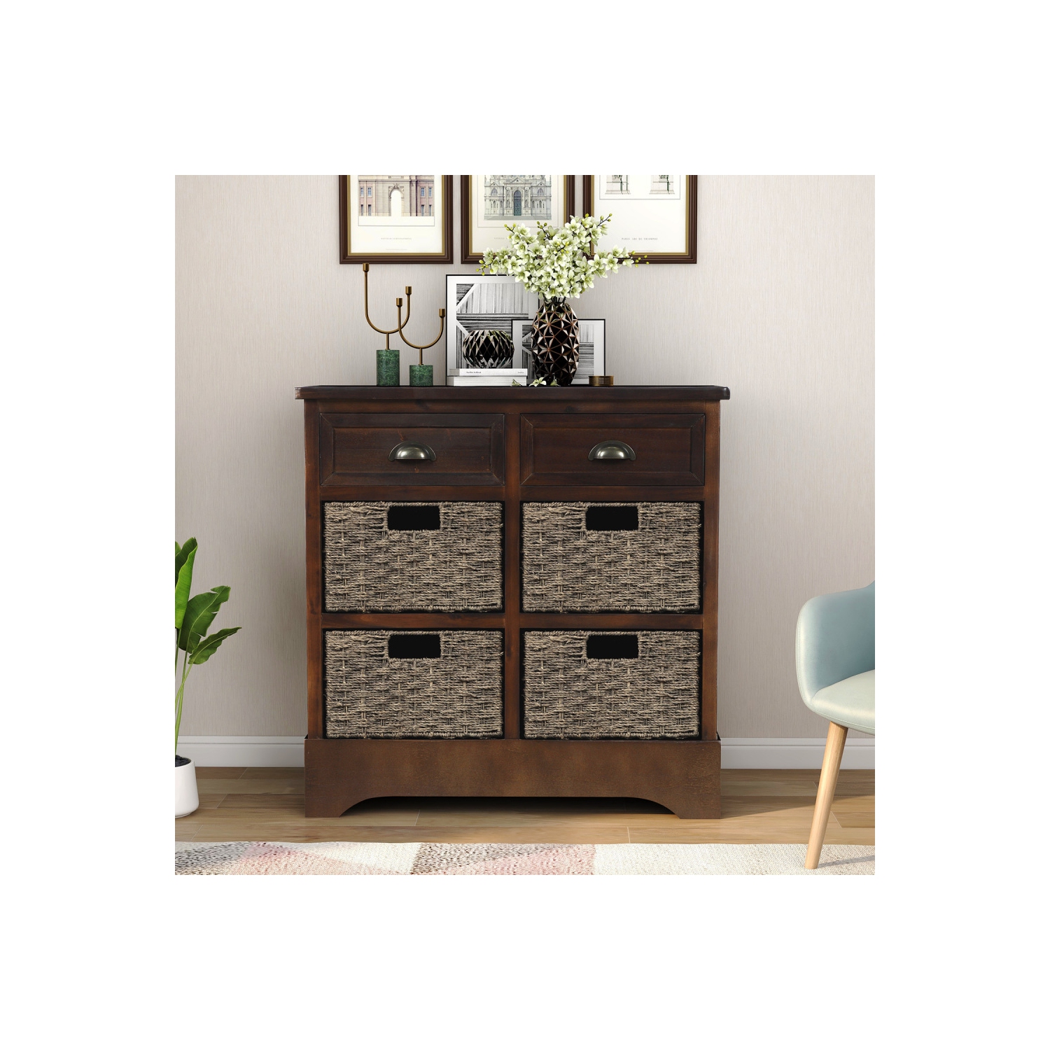 YOULIGHTS Farmhouse Accent Storage Cabinet,Wicker Basket Storage Cabinet with 2 Drawers and 4 Baskets for Kitchen,Dining Room,Espresso
