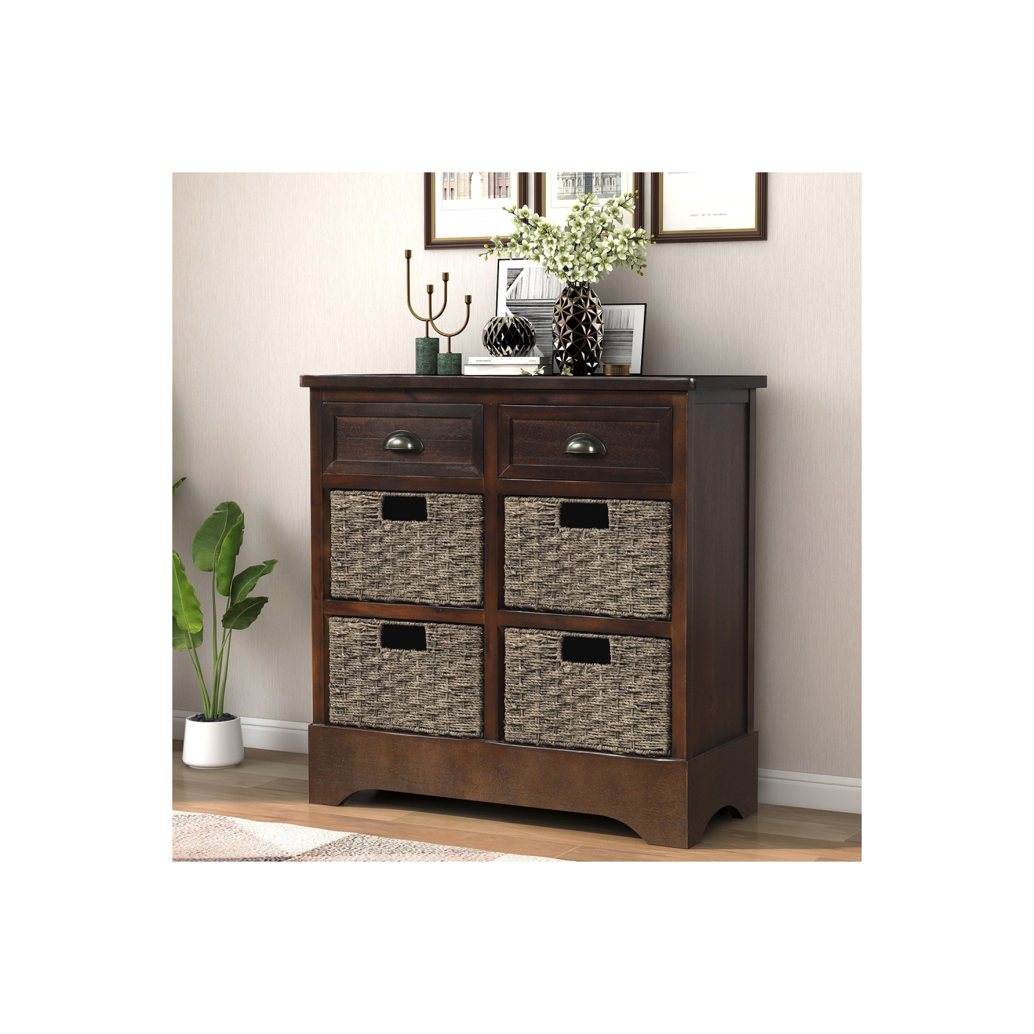 YOULIGHTS Farmhouse Accent Storage Cabinet,Wicker Basket Storage Cabinet with 2 Drawers and 4 Baskets for Kitchen,Dining Room,Espresso