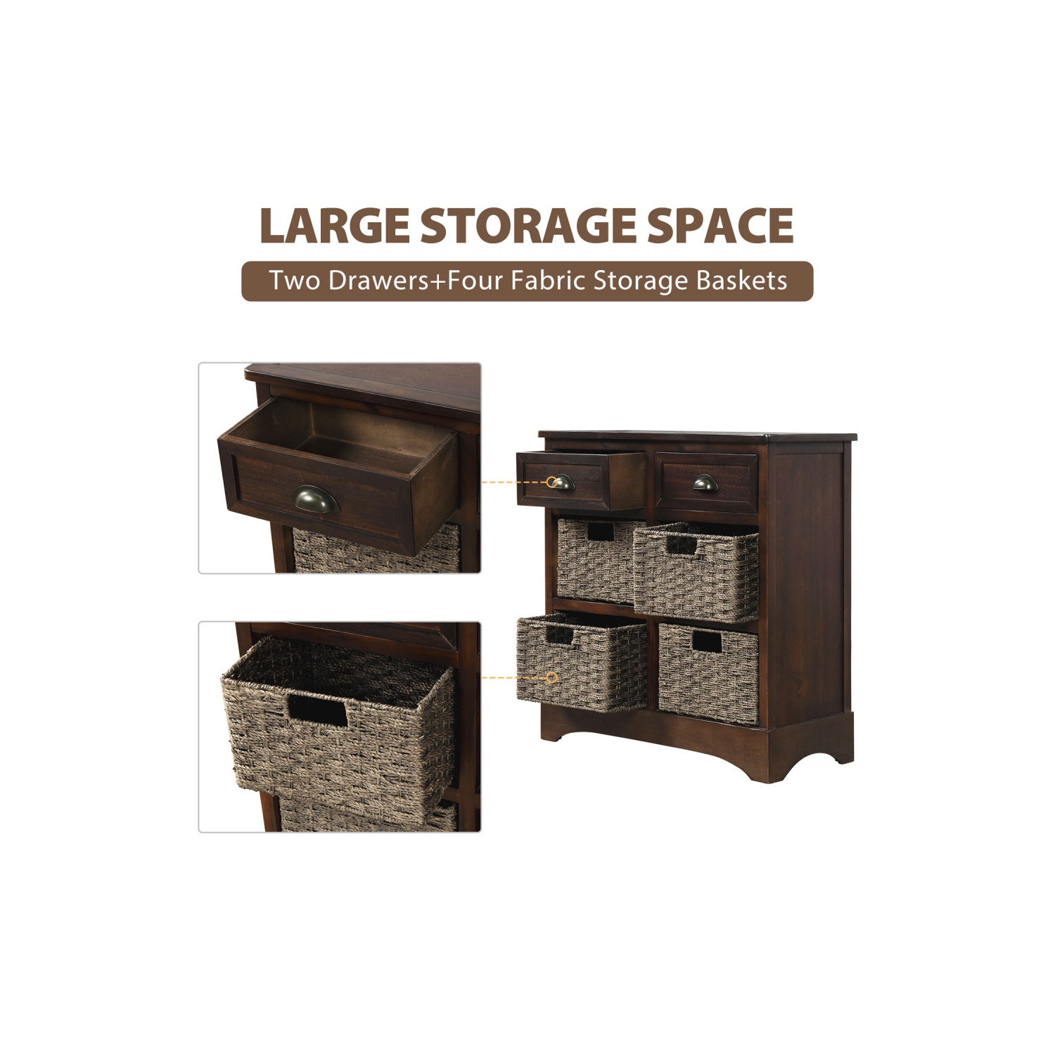 YOULIGHTS Farmhouse Accent Storage Cabinet,Wicker Basket Storage Cabinet with 2 Drawers and 4 Baskets for Kitchen,Dining Room,Espresso