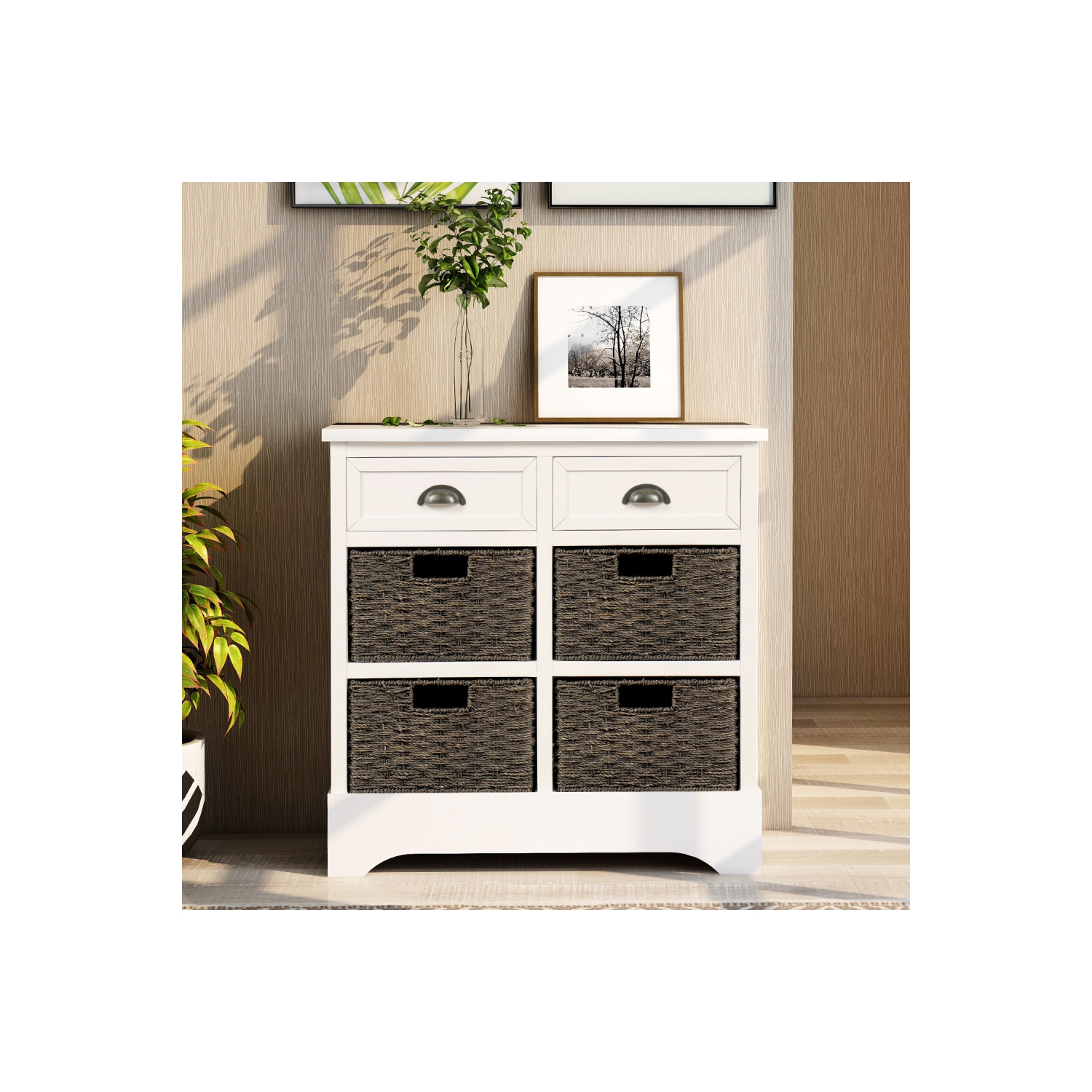 YOULIGHTS Farmhouse Accent Storage Cabinet,Wicker Basket Storage Cabinet with 2 Drawers and 4 Baskets for Kitchen,Dining Room,White