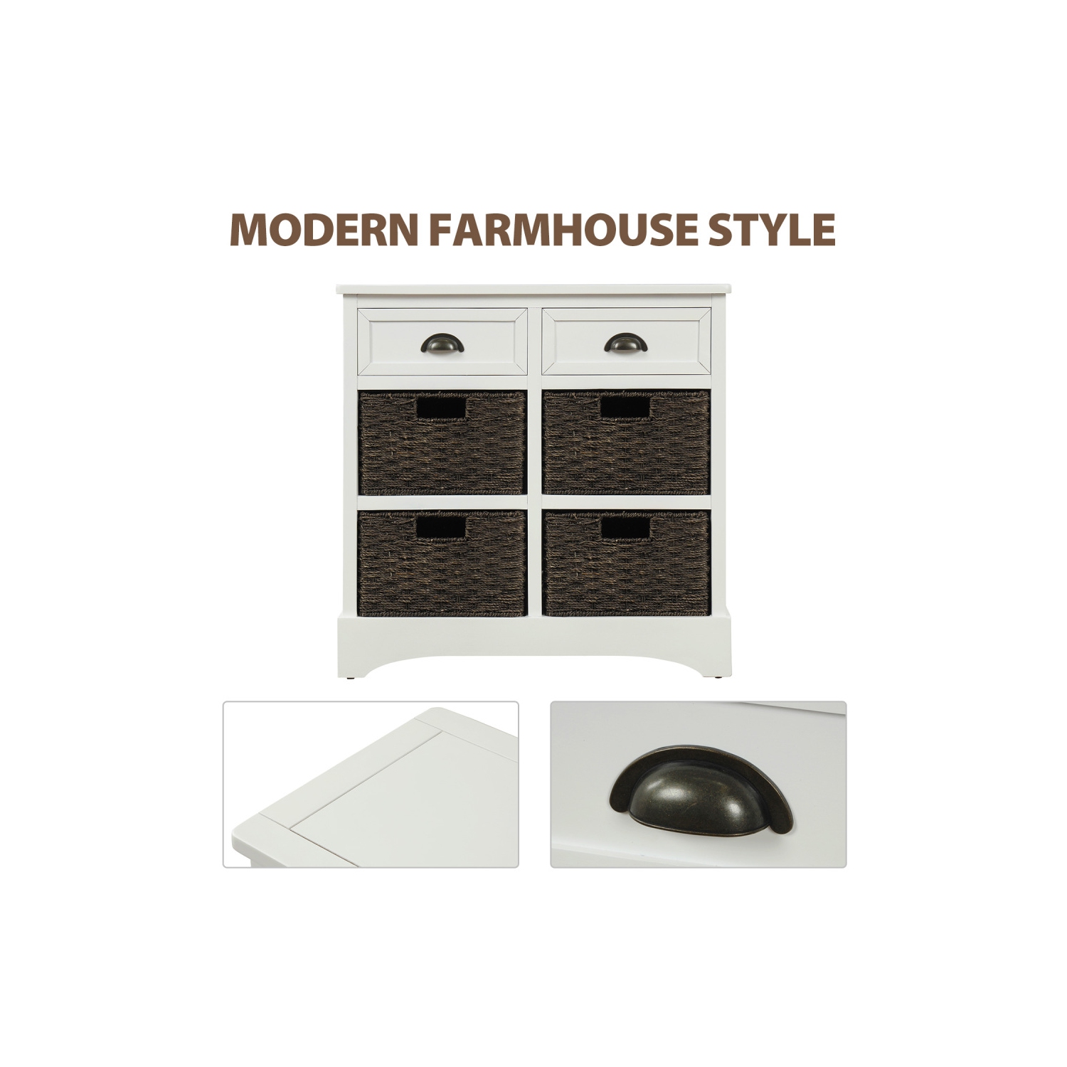 YOULIGHTS Farmhouse Accent Storage Cabinet,Wicker Basket Storage Cabinet with 2 Drawers and 4 Baskets for Kitchen,Dining Room,White