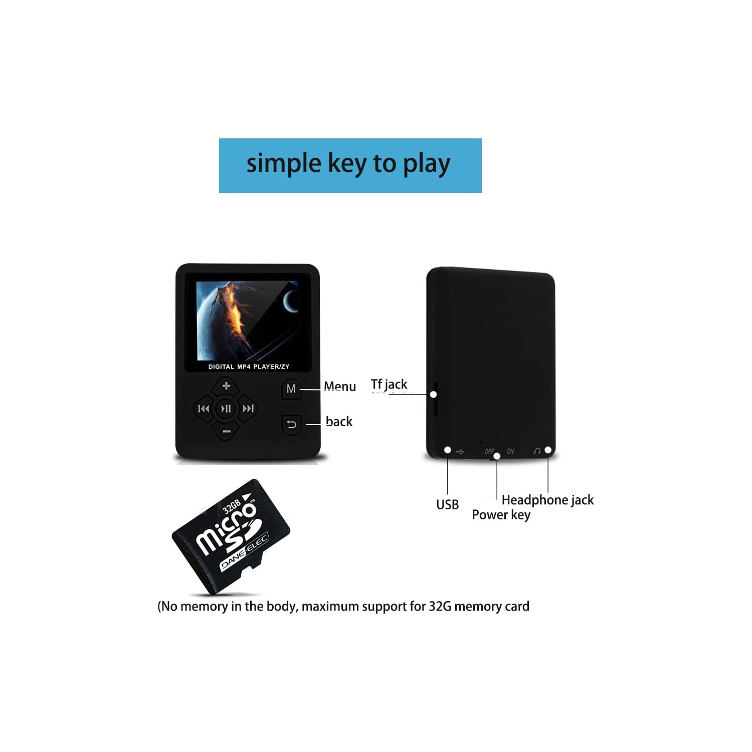 Black portable MP4 music player - 64GB expandable storage | AMV video | Lightweight and portable