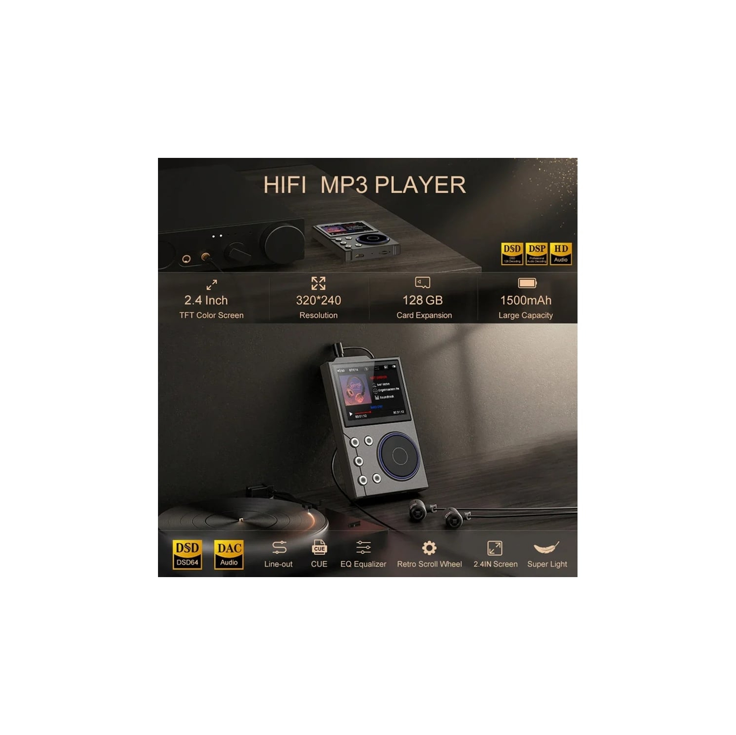 Digital audio player, media player,music player – OTG expansion storage, USB DAC, line output, audiophile-grade sound quality [Black Gold-Bluetooth