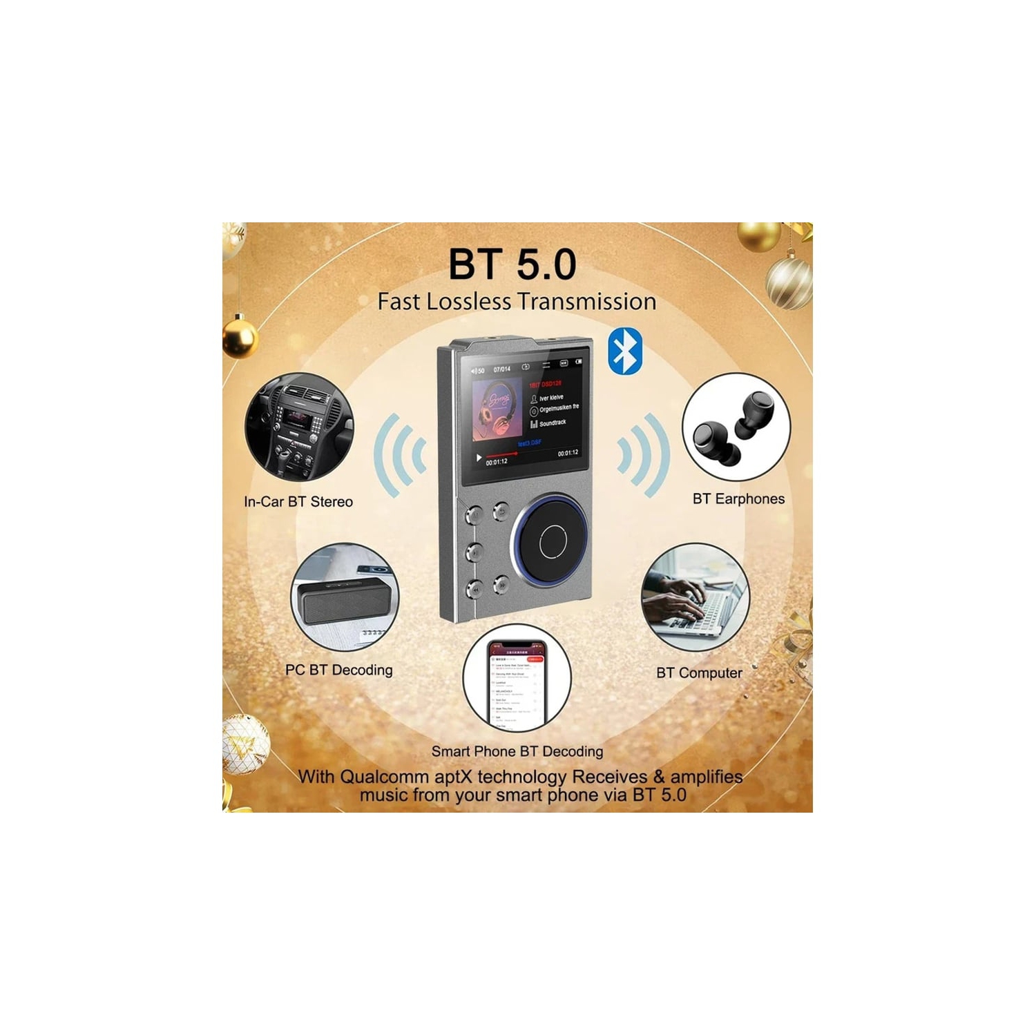 Digital audio player, media player,music player – OTG expansion storage, USB DAC, line output, audiophile-grade sound quality [Black Gold-Bluetooth