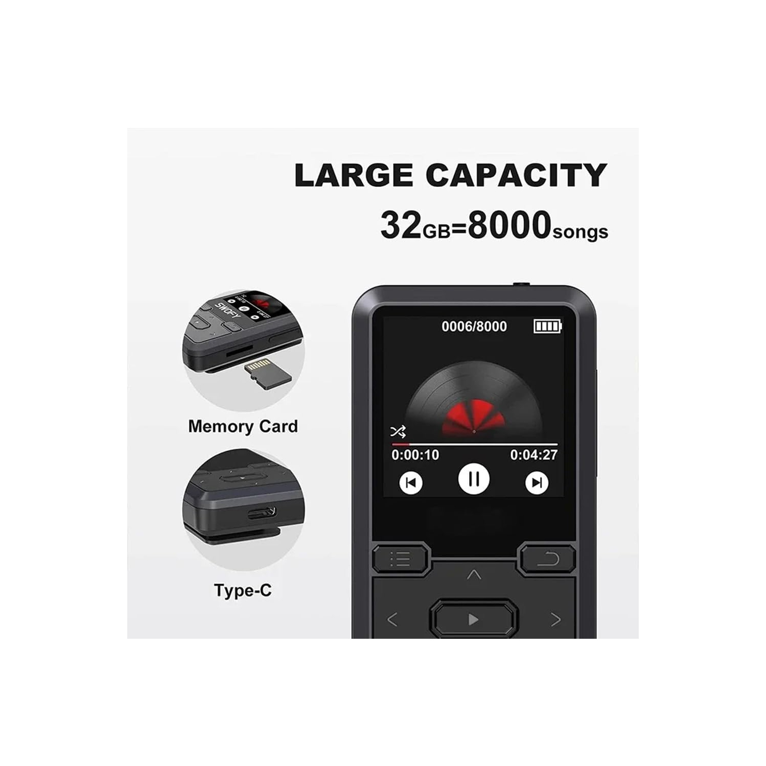 Lecteur de musique portatif, podomètre, pince FM, lecteur MP3 sport, qualité sonore haute fidélité sans perte, Bluetooth 5,0, lecteur de musique de