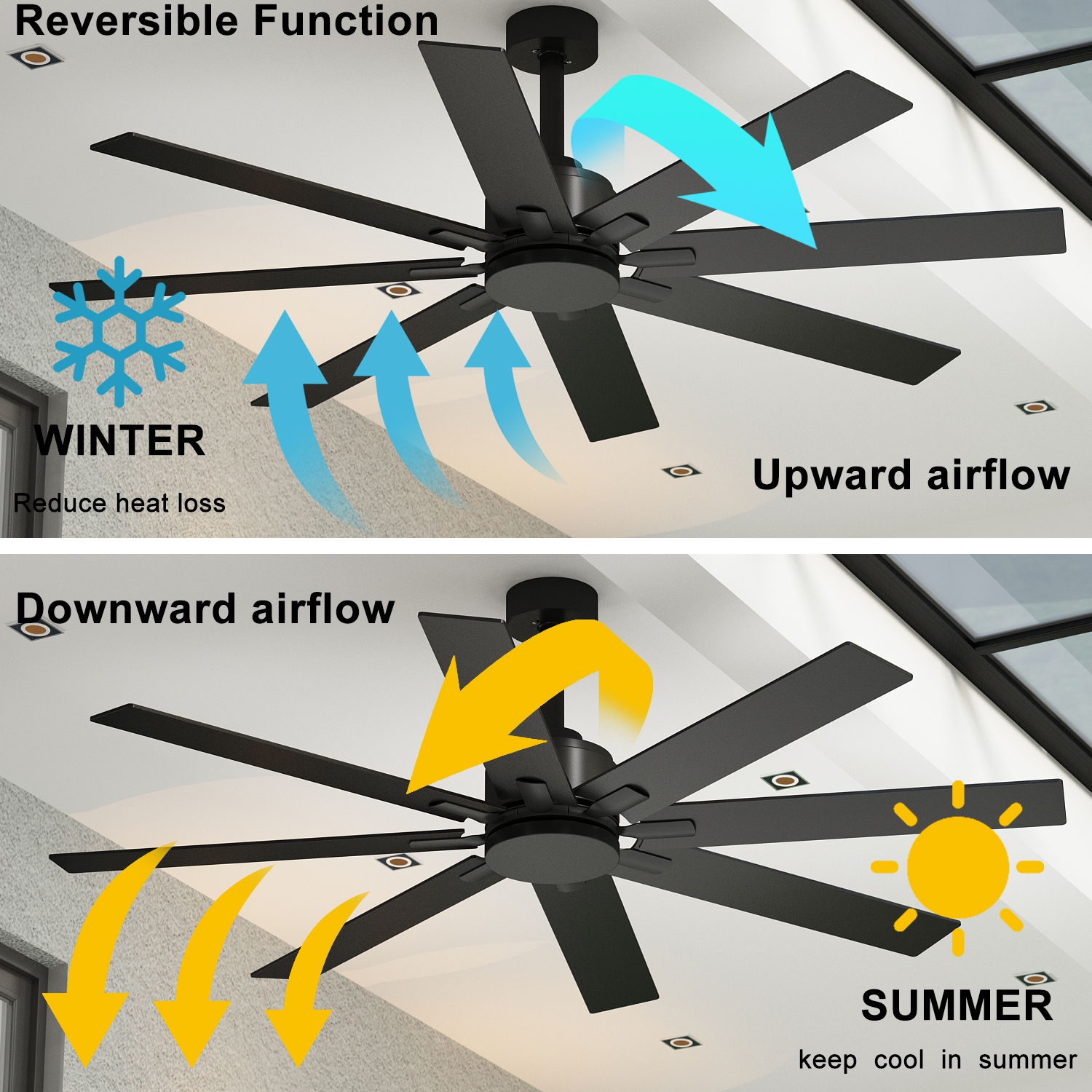 Homsee Ceiling Fans 65.0-in Integrated LED Outdoor Black with Multi-color Blades Ceiling Fan Without Light - Remote Included