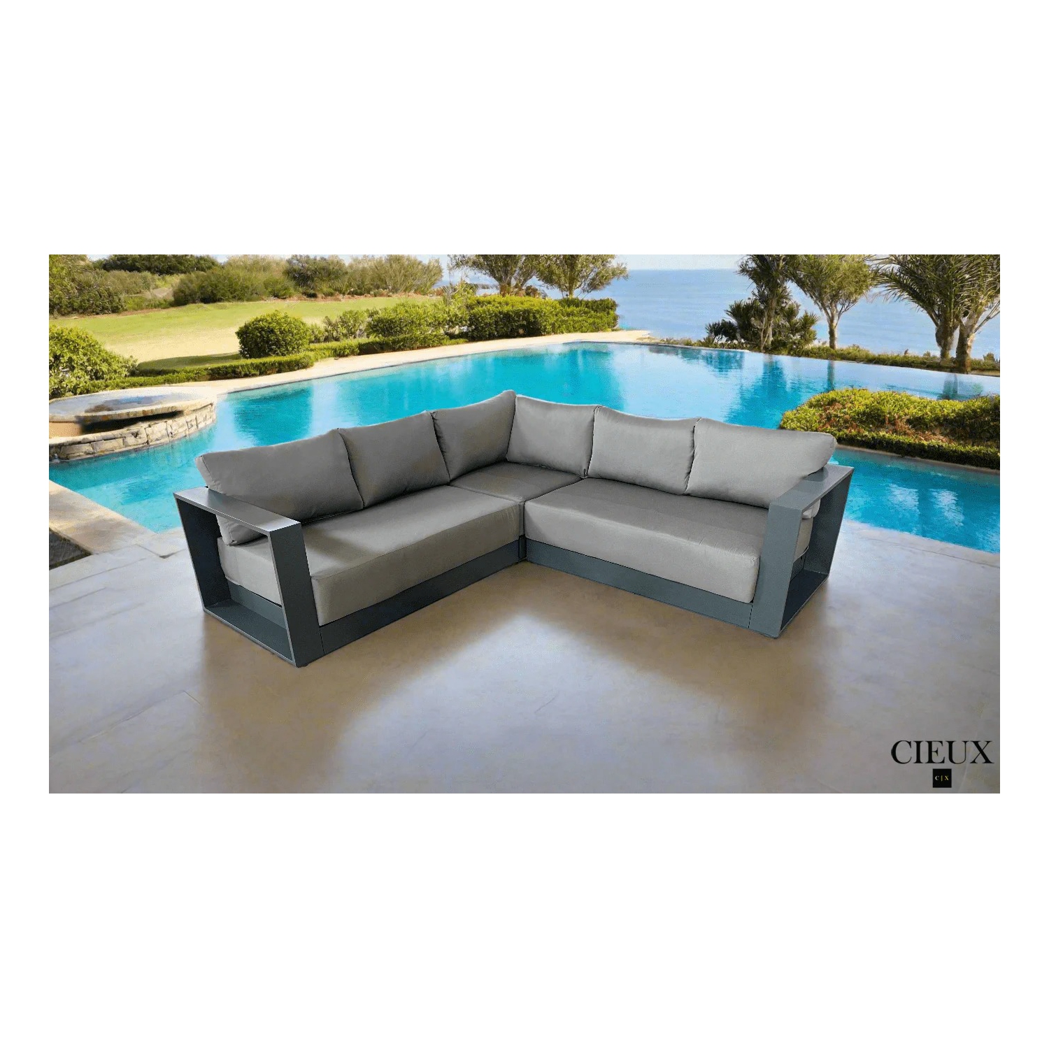 CIEUX Lyon Outdoor Patio Aluminum Metal Corner Sectional Sofa in Midnight Grey with Sunbrella Cushions