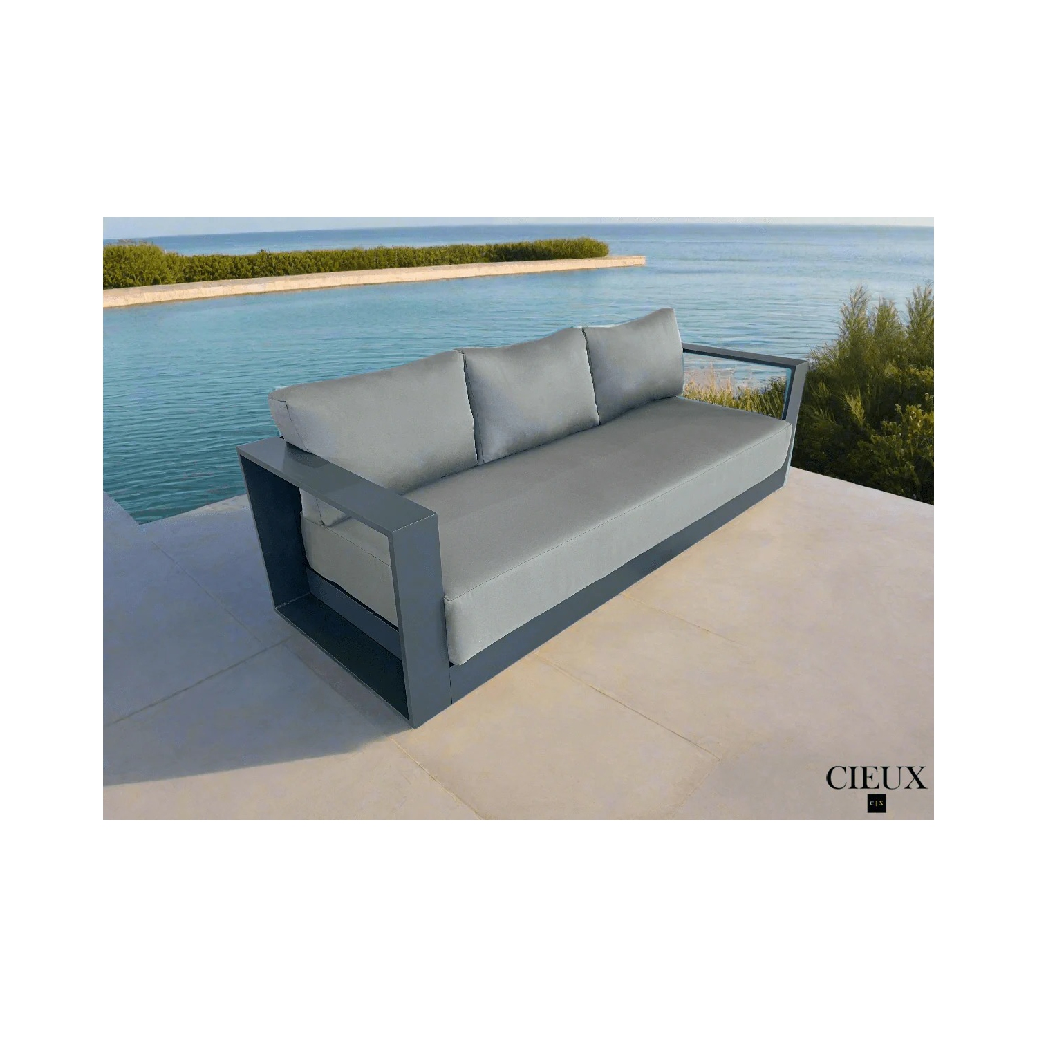 CIEUX Lyon Outdoor Patio Aluminum Metal Sofa in Midnight Grey with Sunbrella Cushions