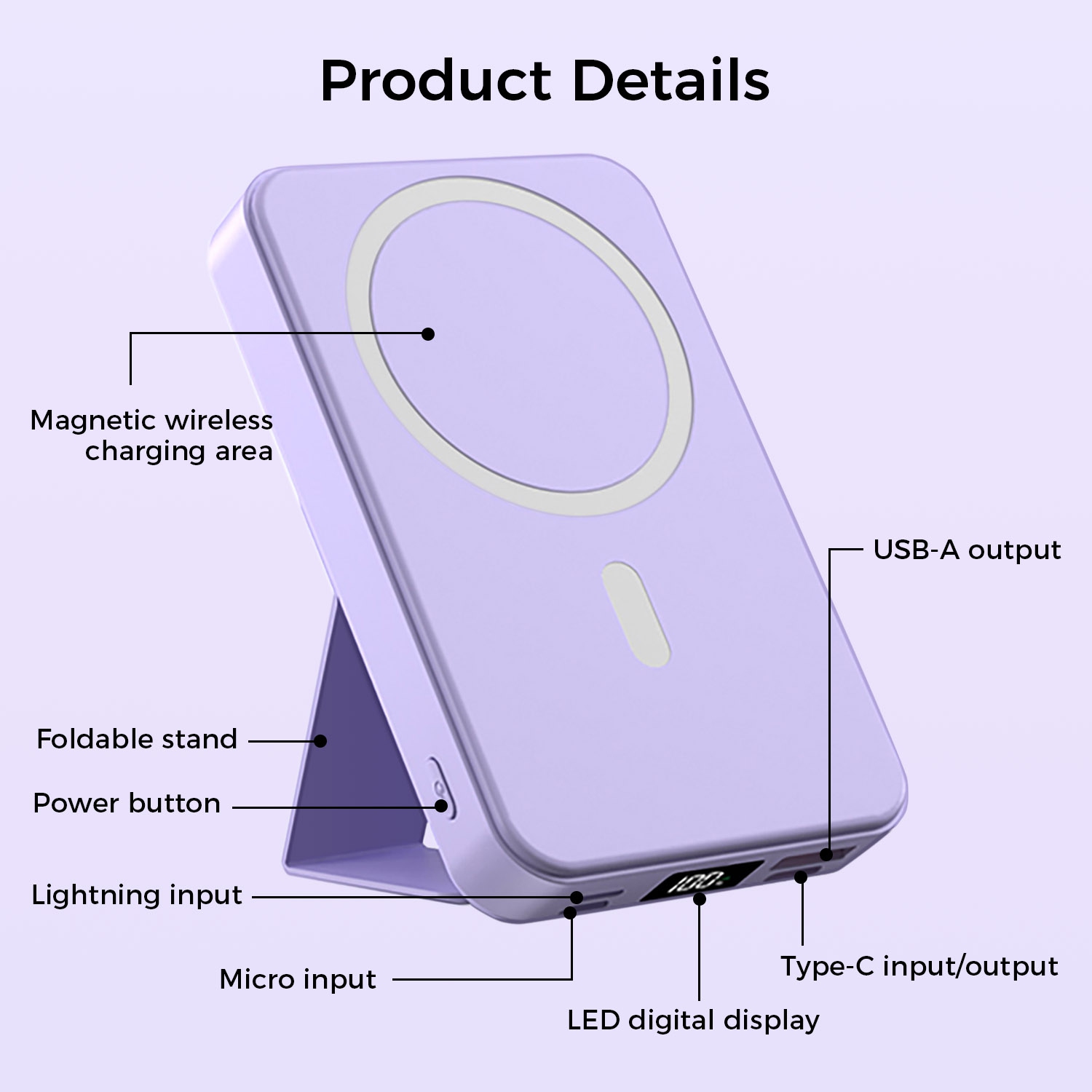 Chargeur portable magnétique sans fil de 10000&nbsp;mAh avec support pour téléphone