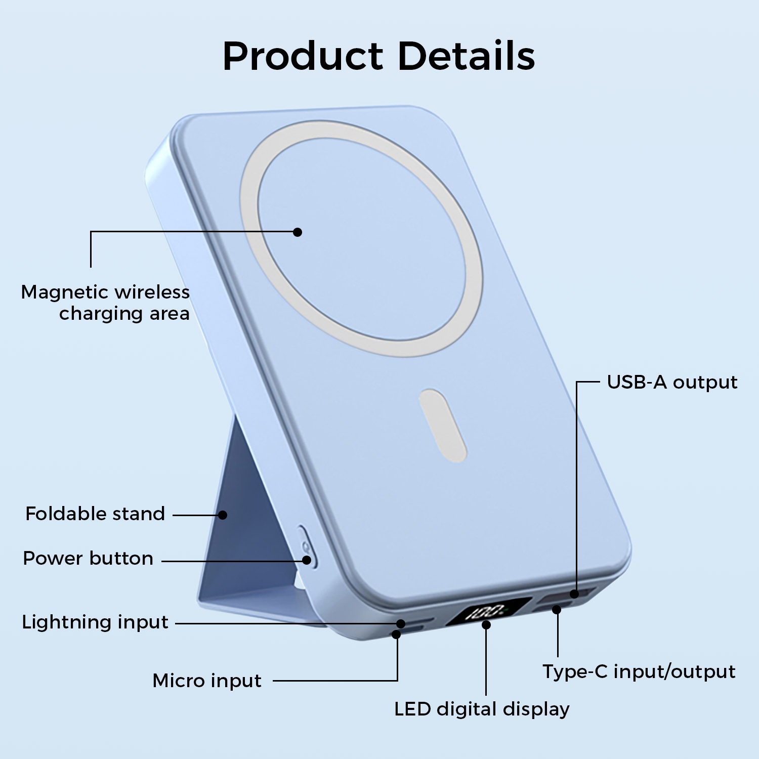Chargeur portable magnétique sans fil de 10000&nbsp;mAh avec support pour téléphone