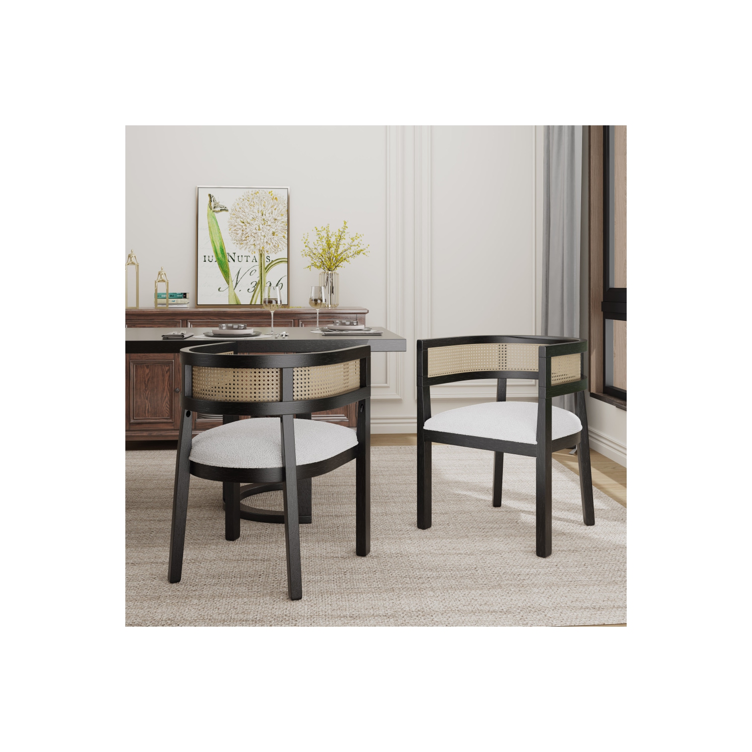 YOULIGHTS 2-Piece Wooden Dining Chair, Kitchen Island Chair, Round Backrest, Rattan Upholstery, Beige+Black