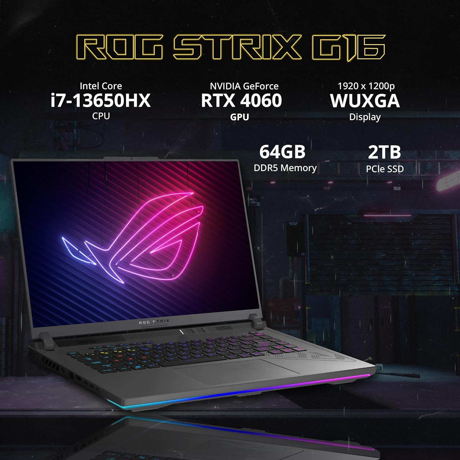 Refurbished - ASUS ROG Strix G16 16'' WUXGA 165Hz Gaming Laptop, Intel Core i7-13650HX, NVIDIA RTX 4060, 2TB SSD, 64GB DDR5, RGB Backlit KB, Win