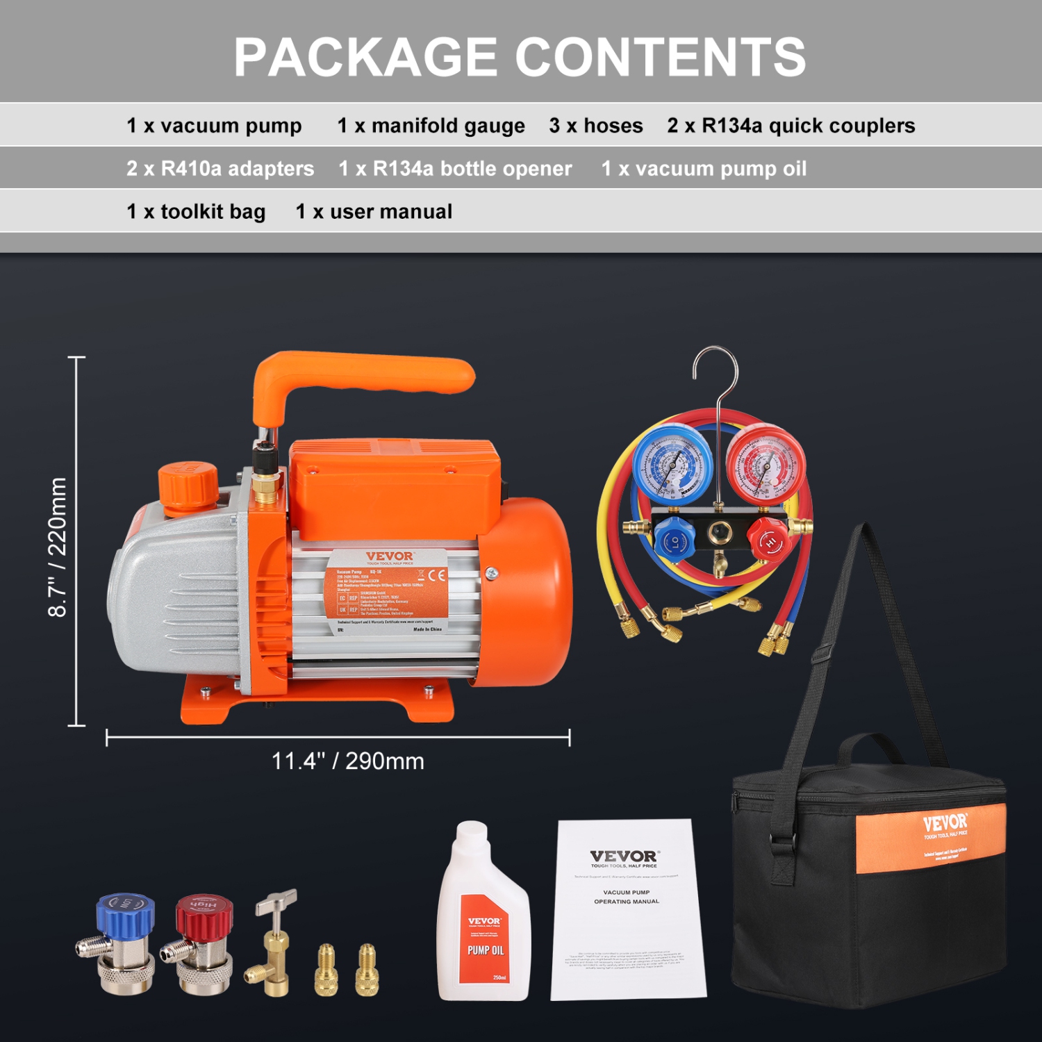 Ensemble de jauges et pompe à vide VVolet rotatif à une étape, ensemble de manomètres pour pompe à vide à air et climatisation VEVOR 1/5, 3,5