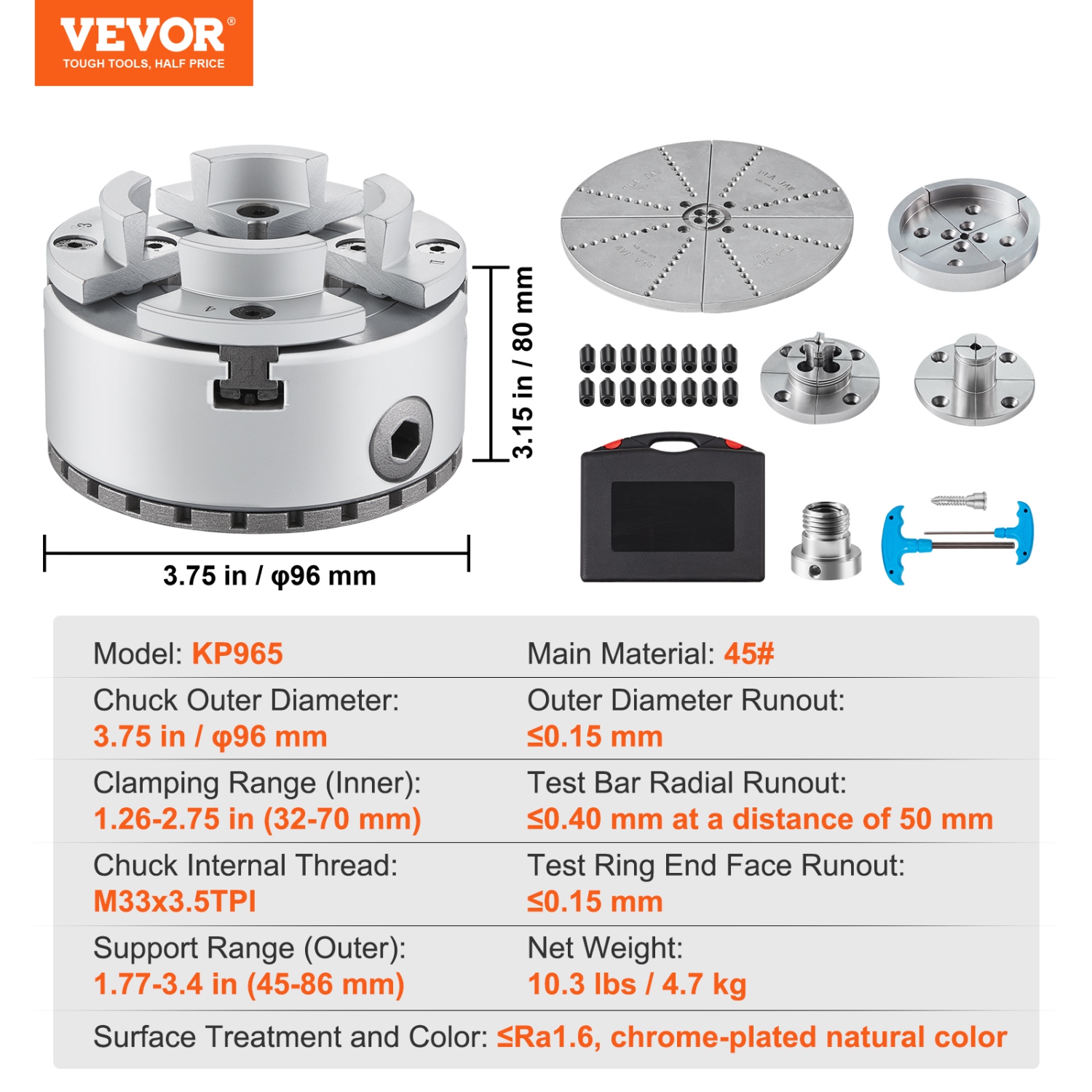 VEVOR KP965 Lathe Chuck, 4-Jaw 3.75" Diameter, Metal Lathe Chuck Turning Machine Accessories with 5 Sets of Jaws, Self-centering Tool, for Precision