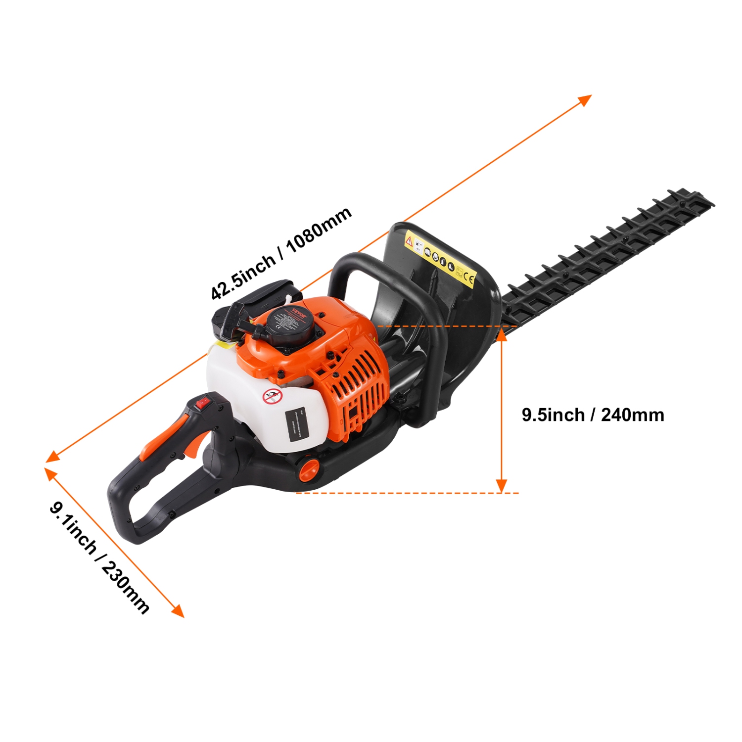 VEVOR 23.2-inch 26CC 2 Cycle Gas Hedge Trimmer, Gas Powered Handheld Hedge Trimmer with Dual Sided Dual Action Blade, 180掳 Adjustable Trimmer Head,